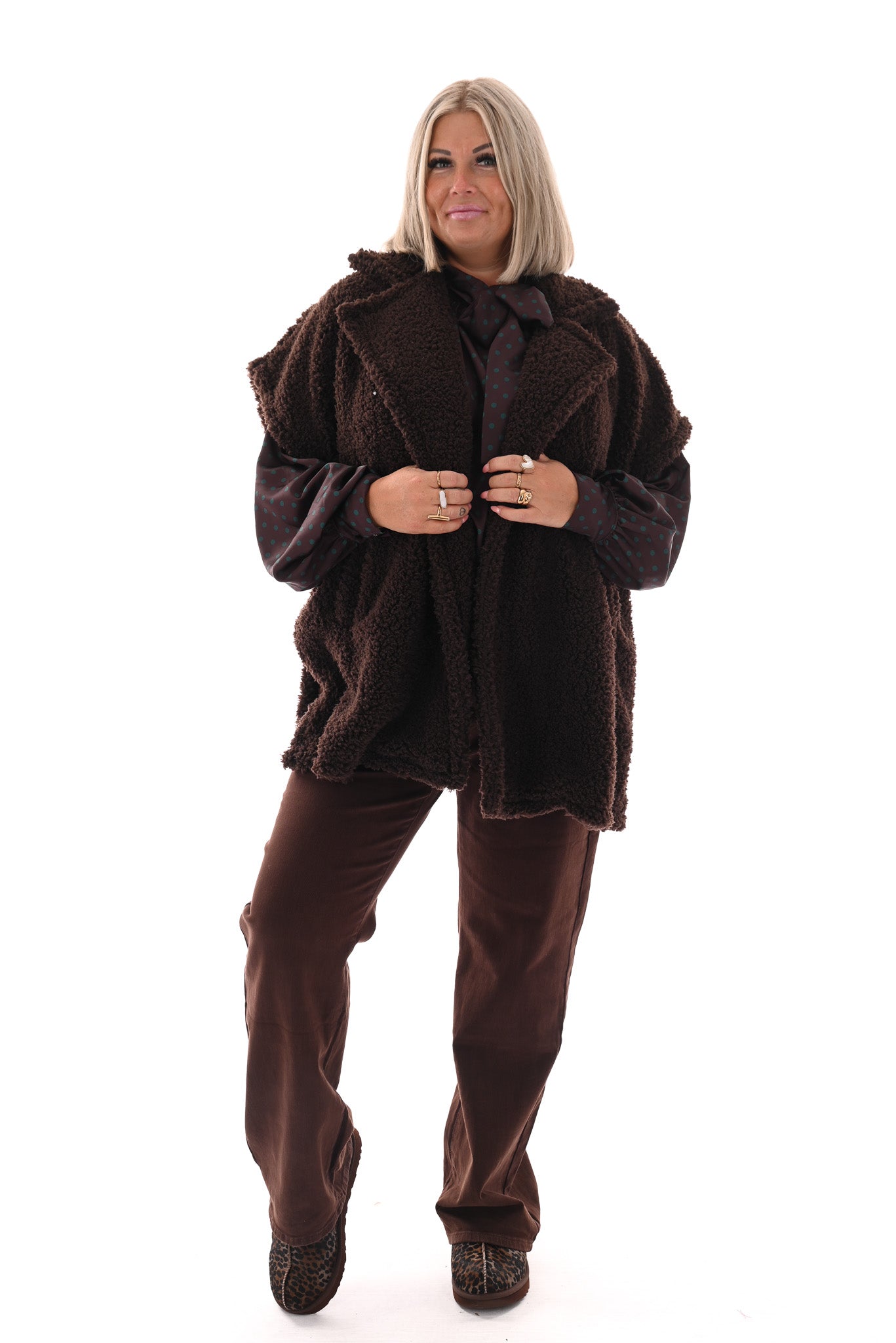 Lange teddy gilet donkerbruin
