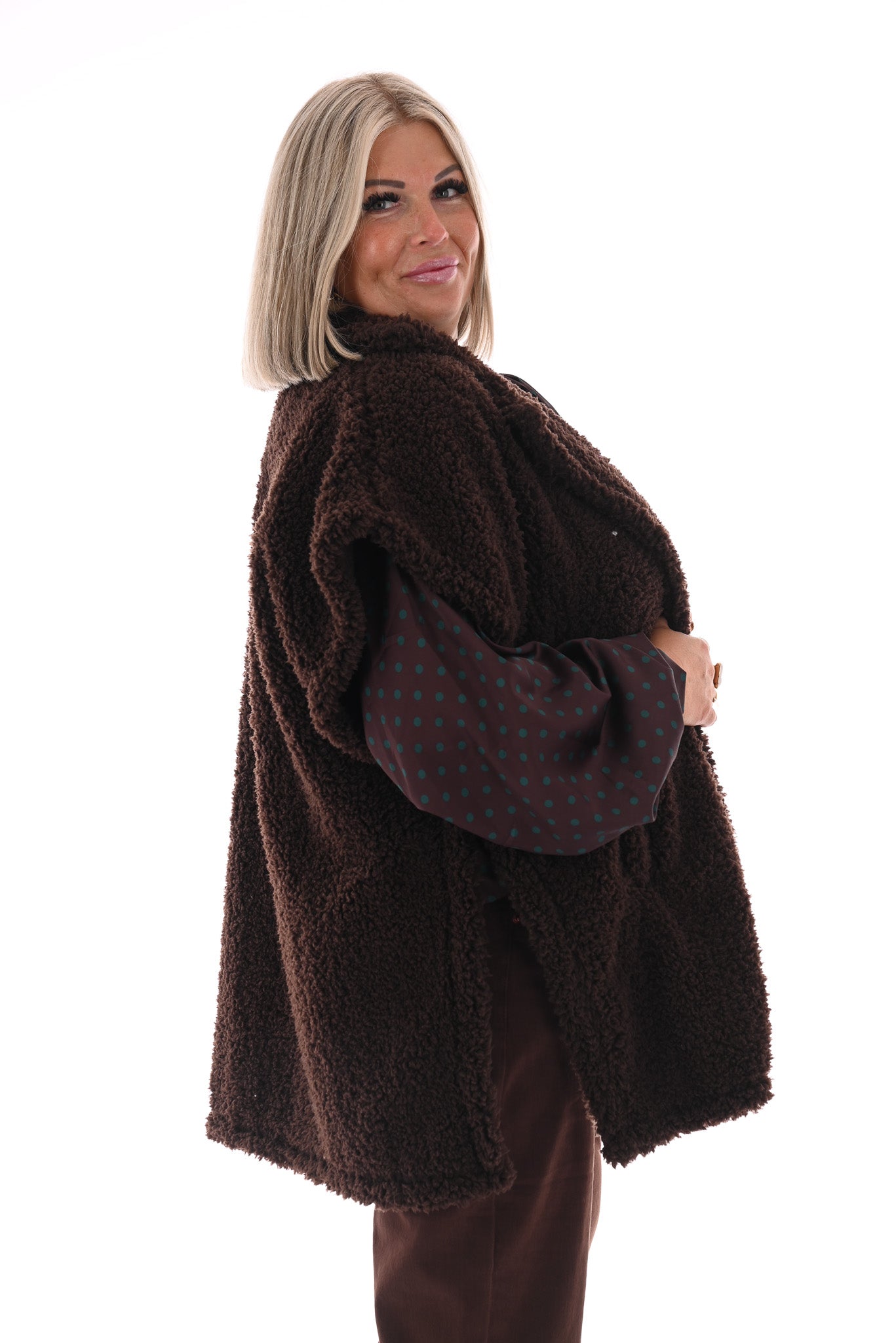Lange teddy gilet donkerbruin