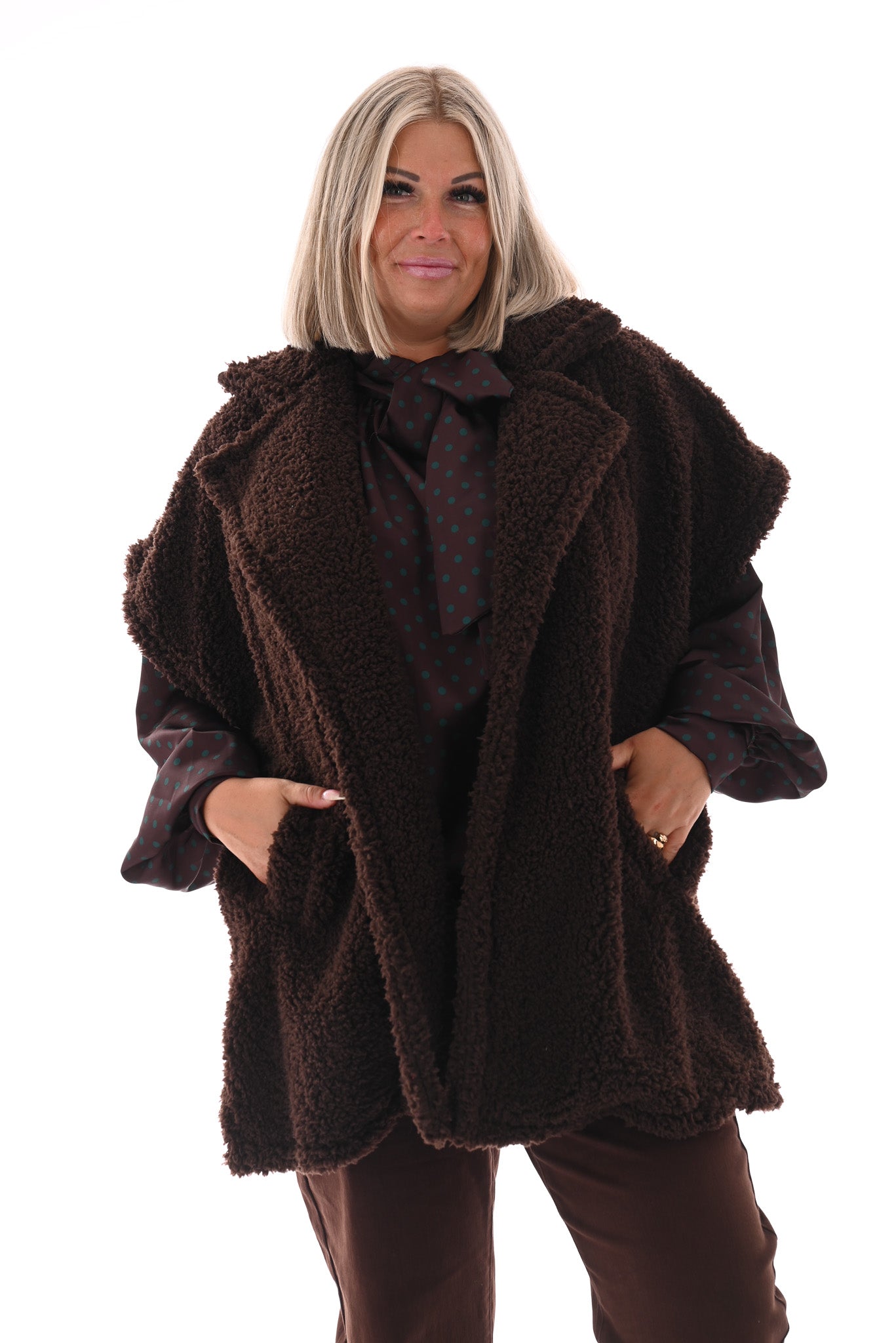 Lange teddy gilet donkerbruin