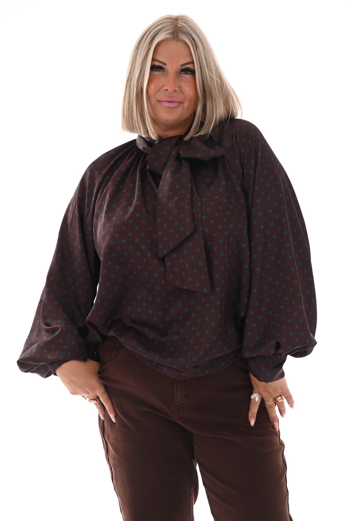 Silky blouse dots met strik bruin/groen