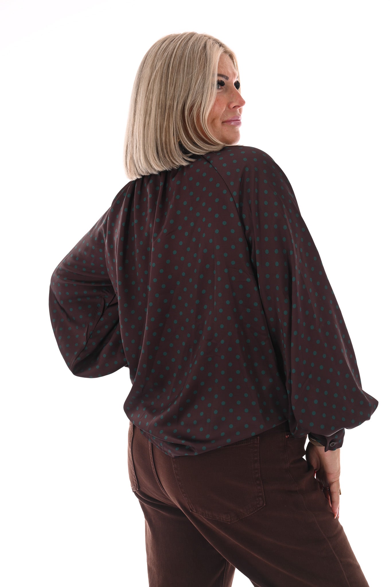 Silky blouse dots met strik bruin/groen
