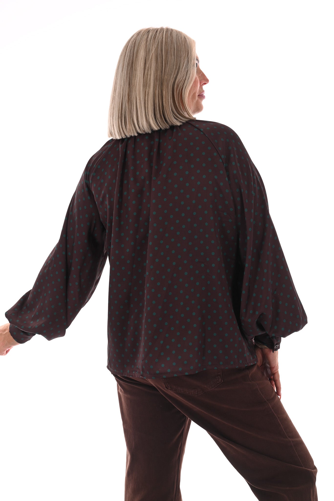 Silky blouse dots met strik bruin/groen