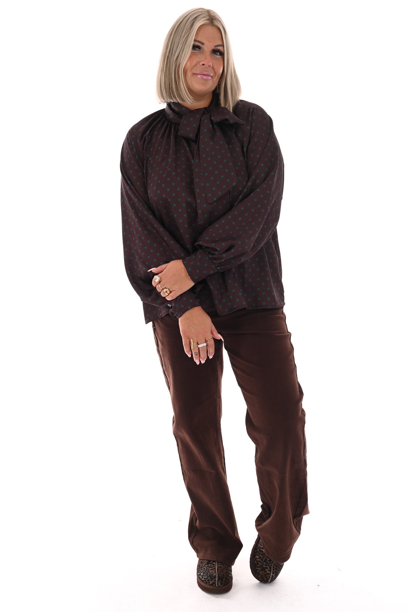 Silky blouse dots met strik bruin/groen