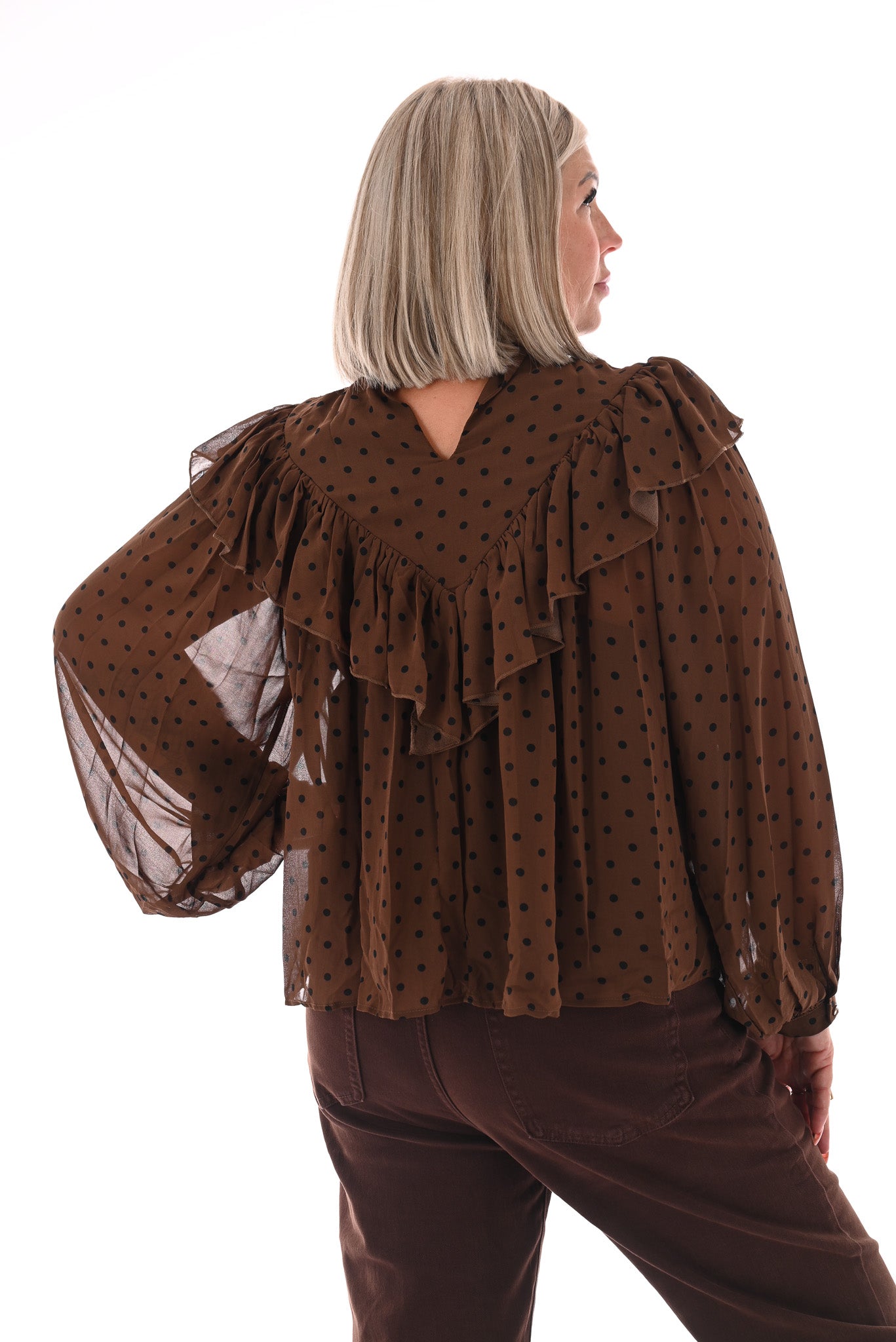 Blouse polka dots met roezel bruin