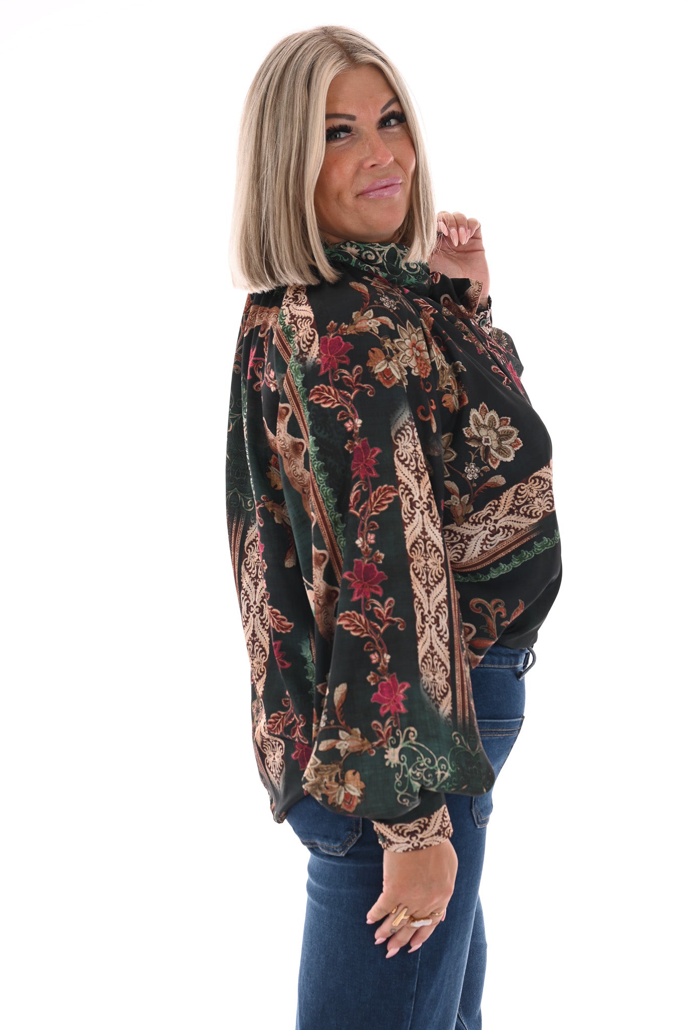 Silky blouse met strik paisley donkergroen