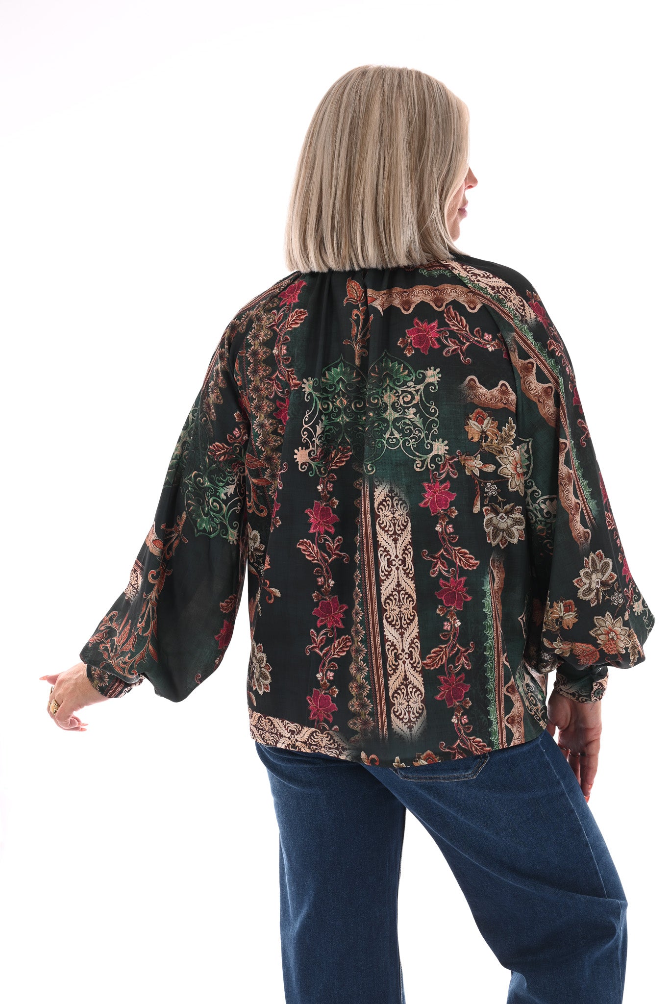Silky blouse met strik paisley donkergroen