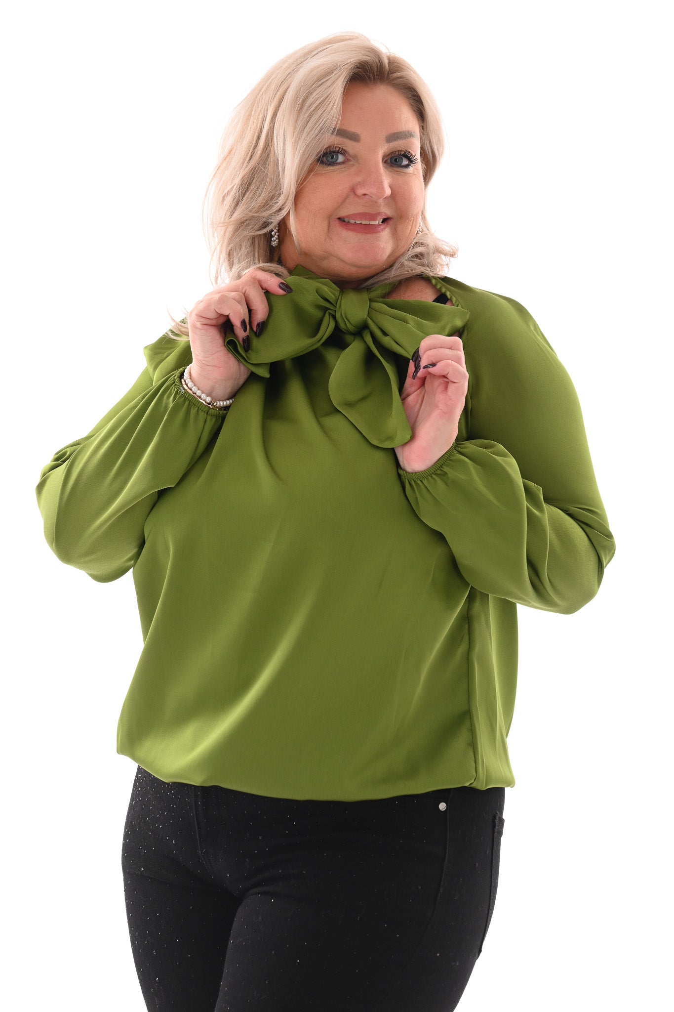 Silky blouse met strik uni groen