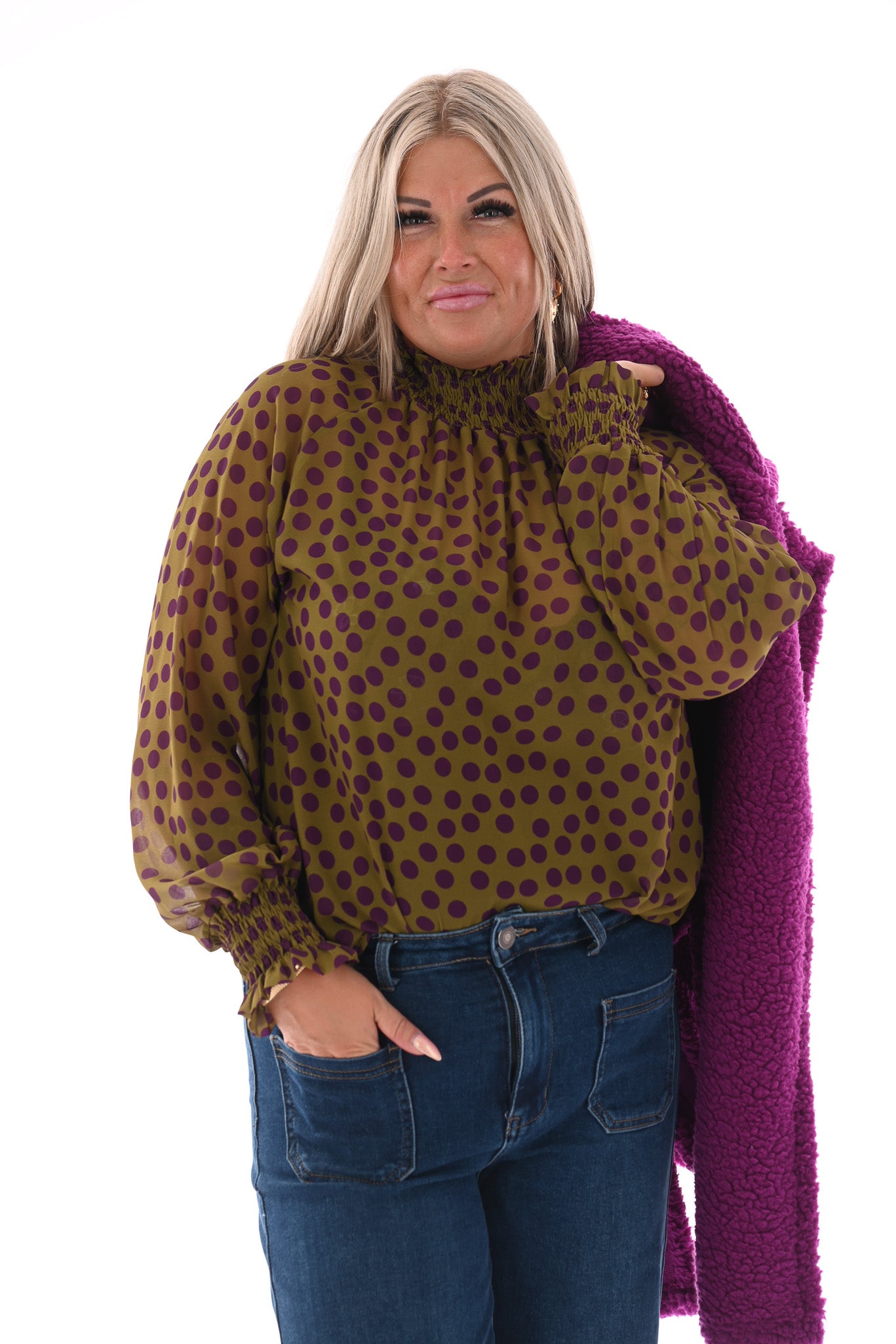 Top smock kraag dots groen/paars