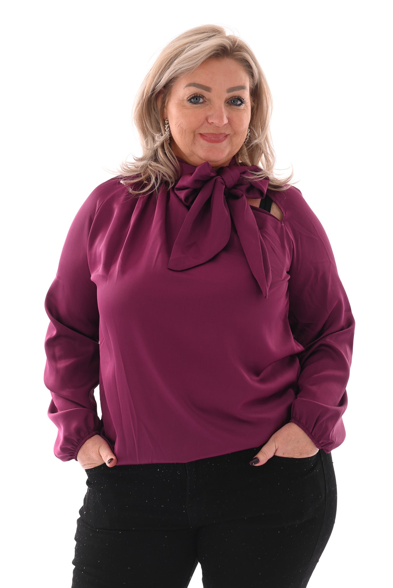 Silky blouse met strik uni aubergine