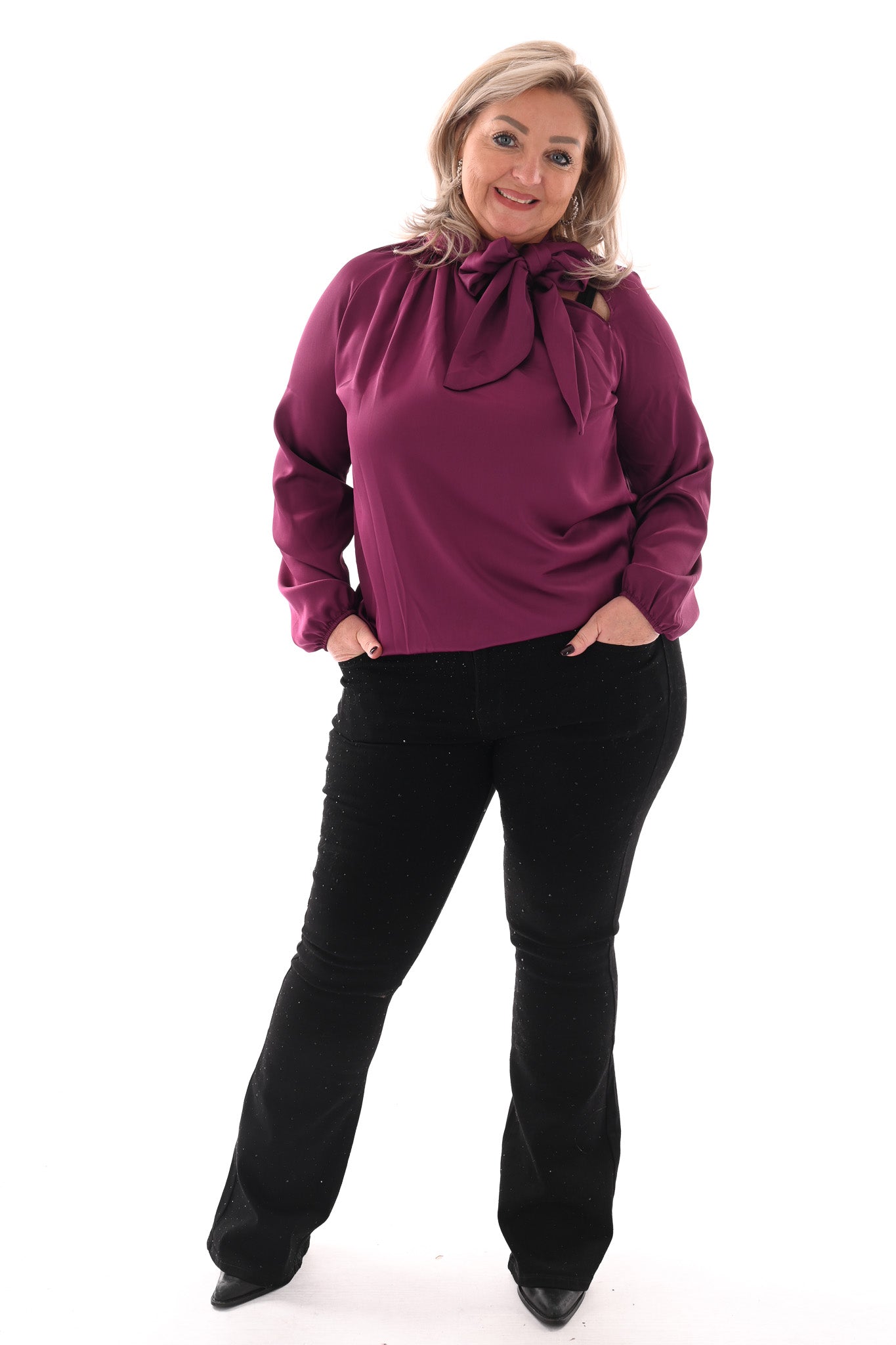 Silky blouse met strik uni aubergine