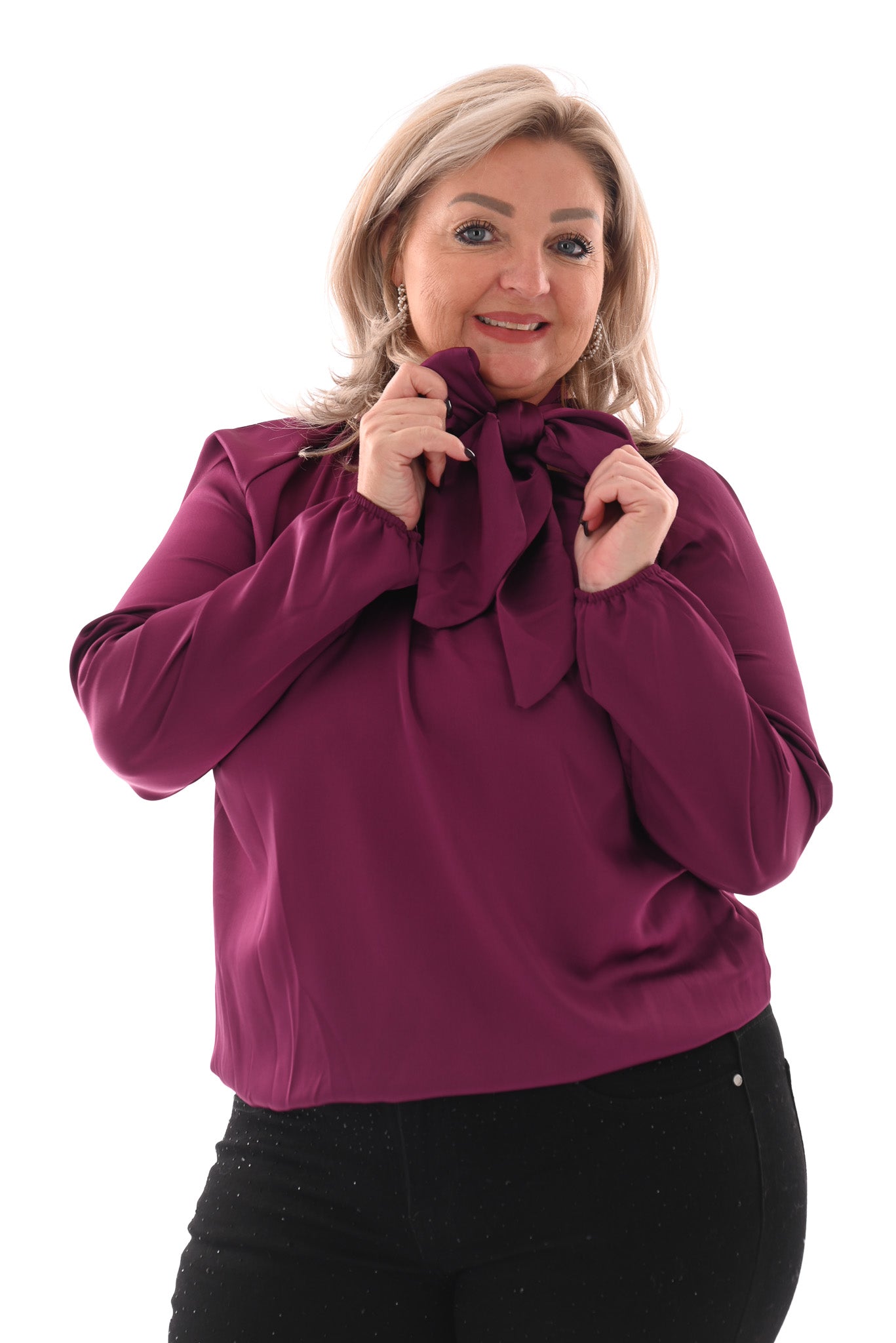 Silky blouse met strik uni aubergine