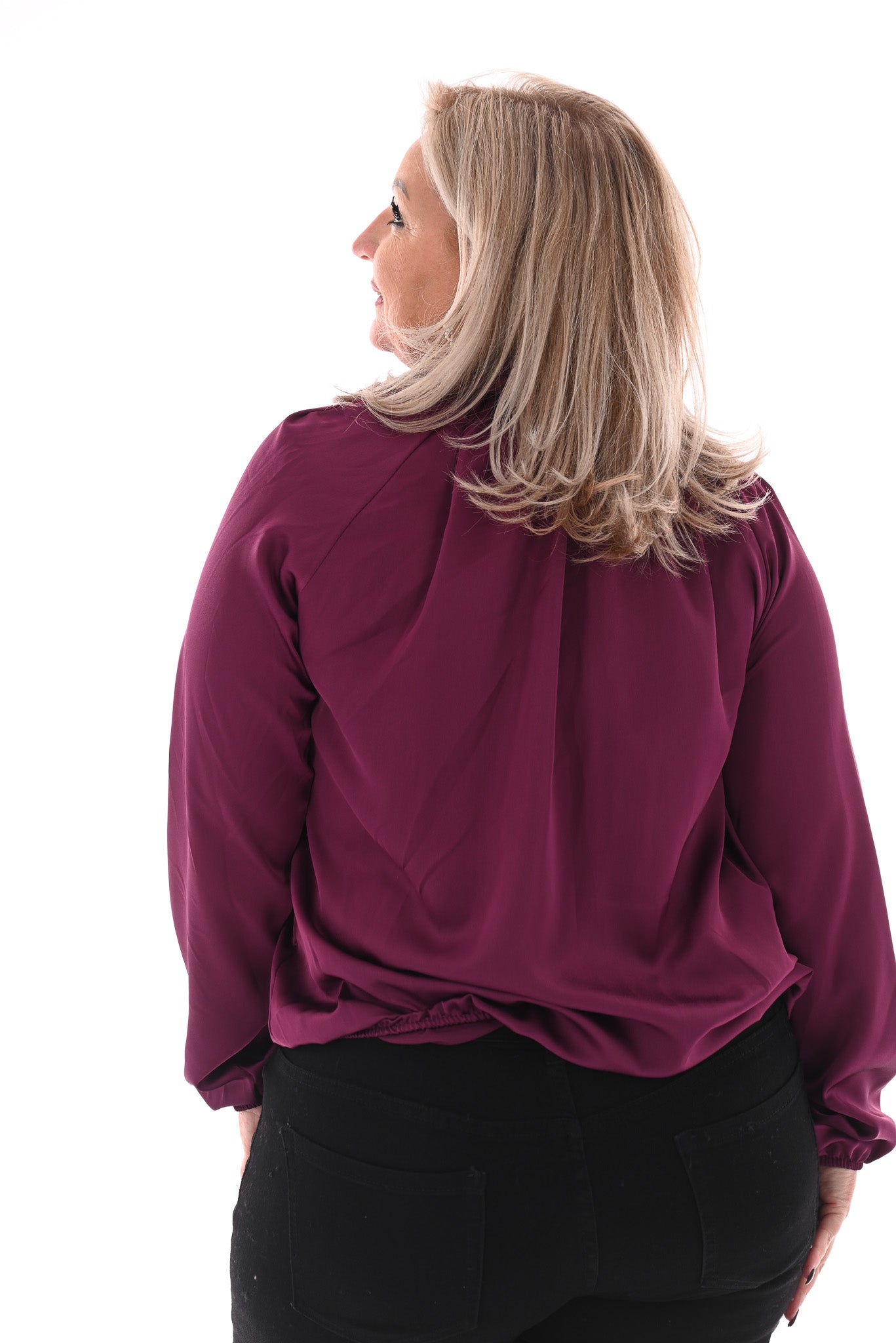 Silky blouse met strik uni aubergine