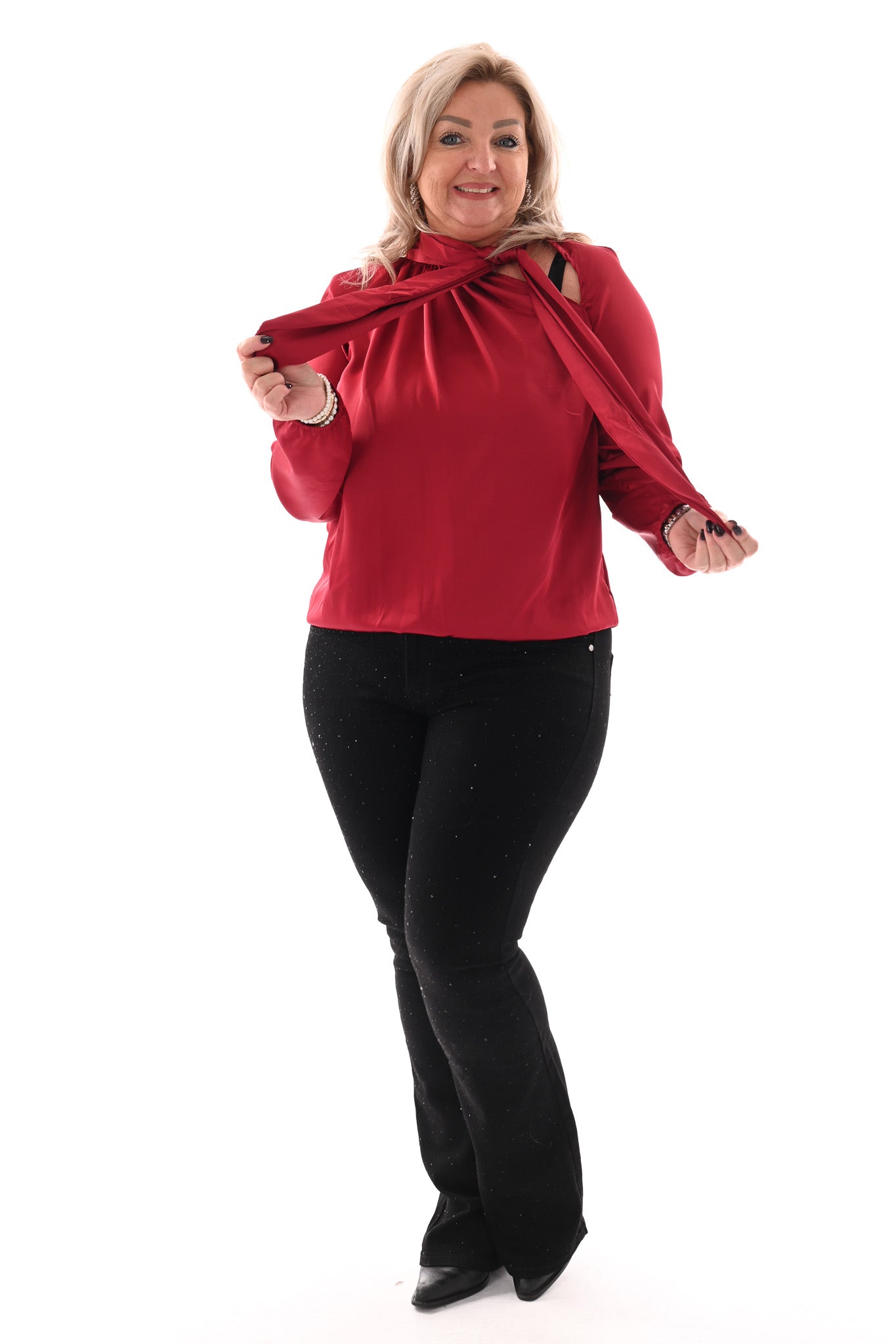 Silky blouse met strik uni rood