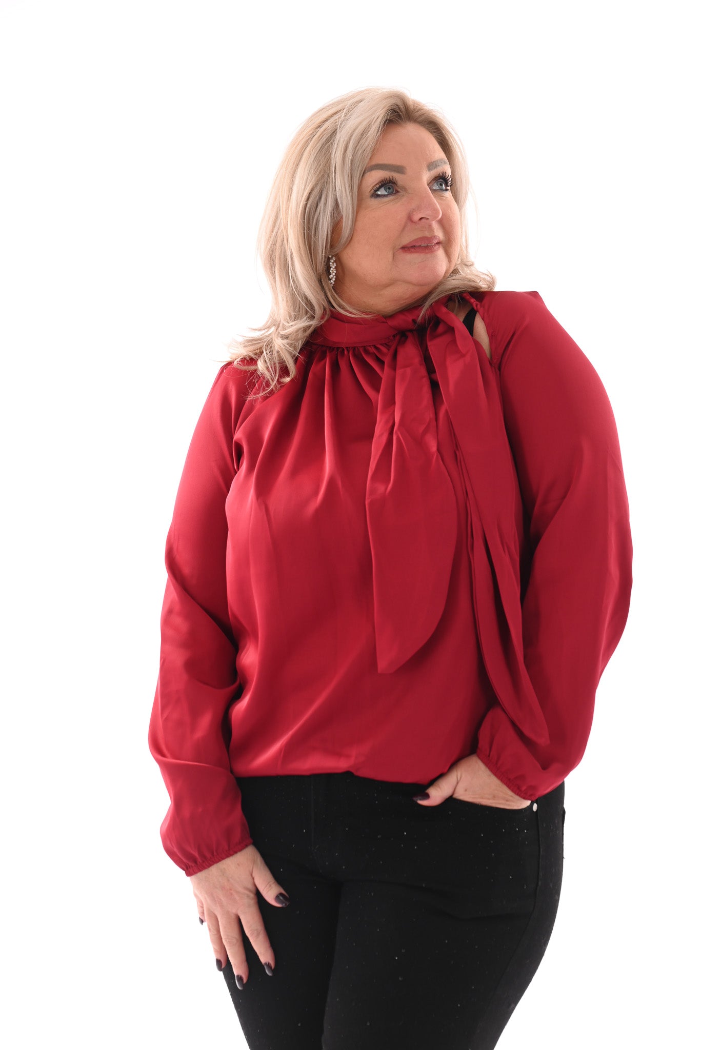 Silky blouse met strik uni rood