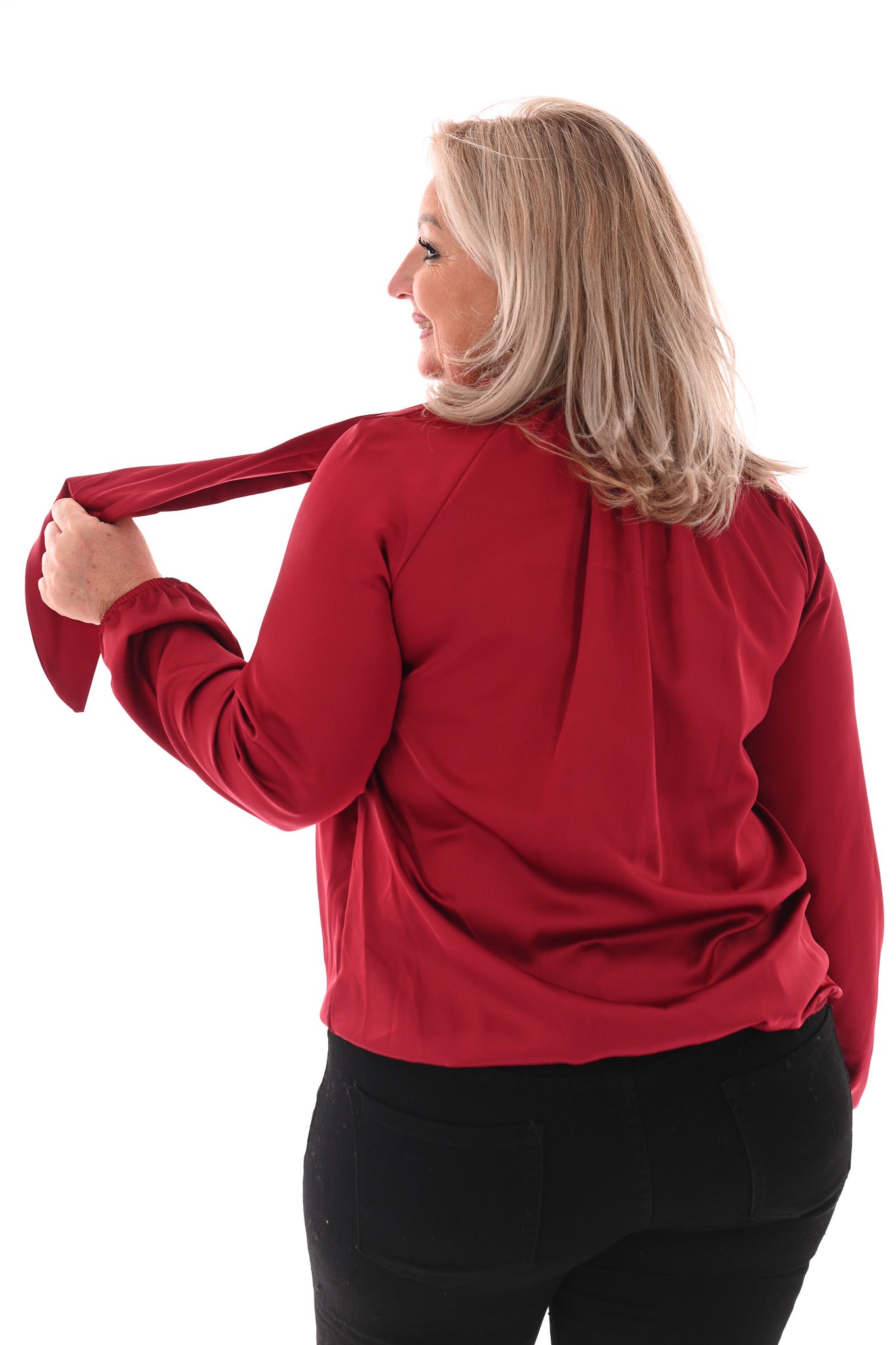 Silky blouse met strik uni rood