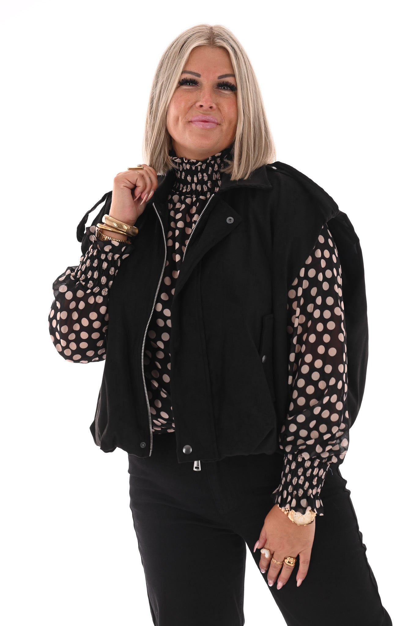 Top smock kraag dots zwart/wit