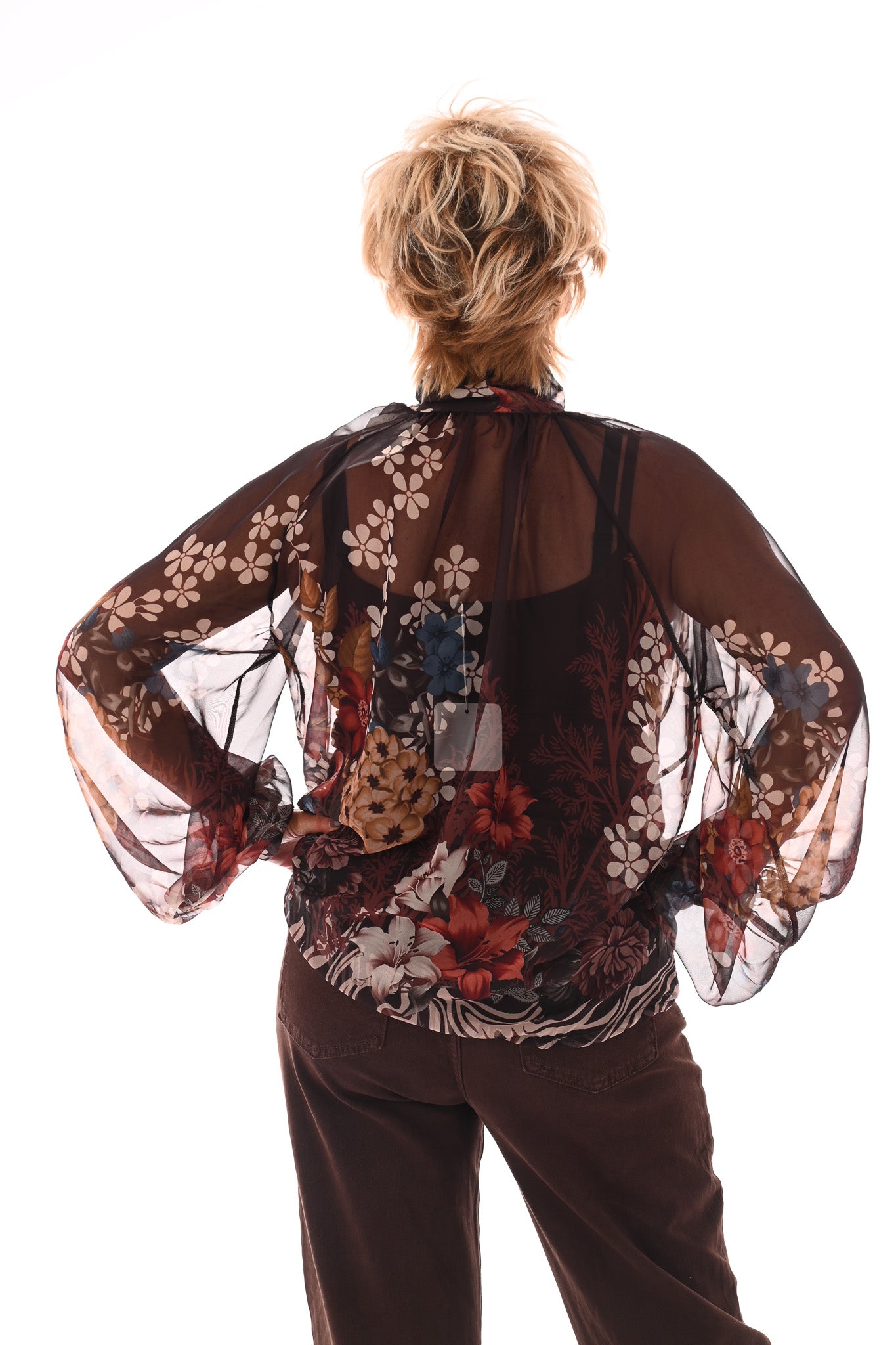 Blouse met strik bloemen donkerbruin
