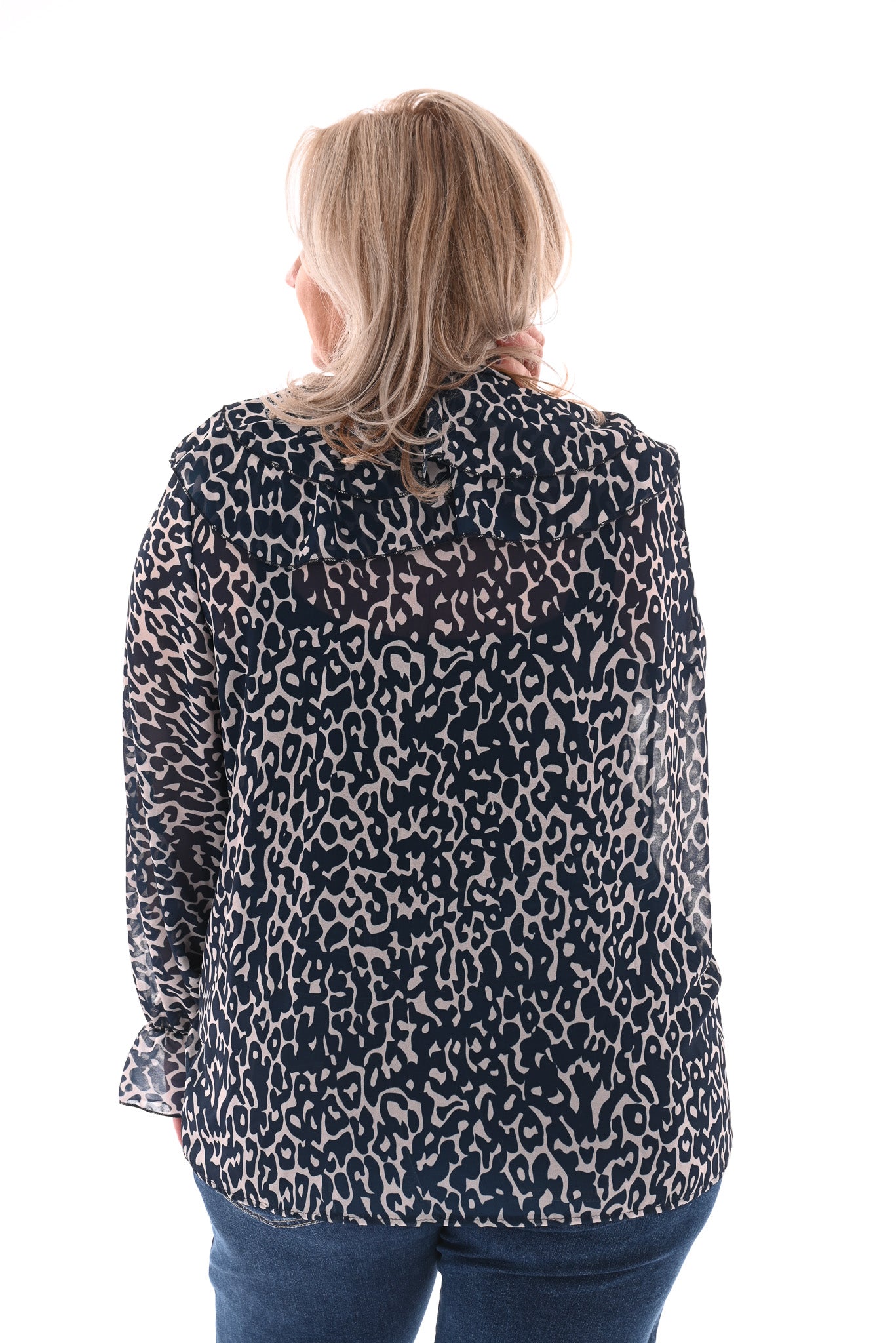 Doorknoop blouse roezels met trompetmouwen marineblauw