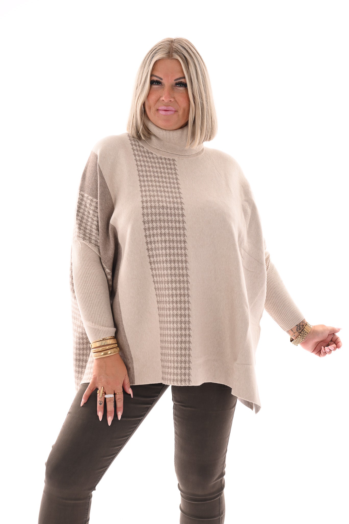 Trui print half pied-de-poule beige/taupe