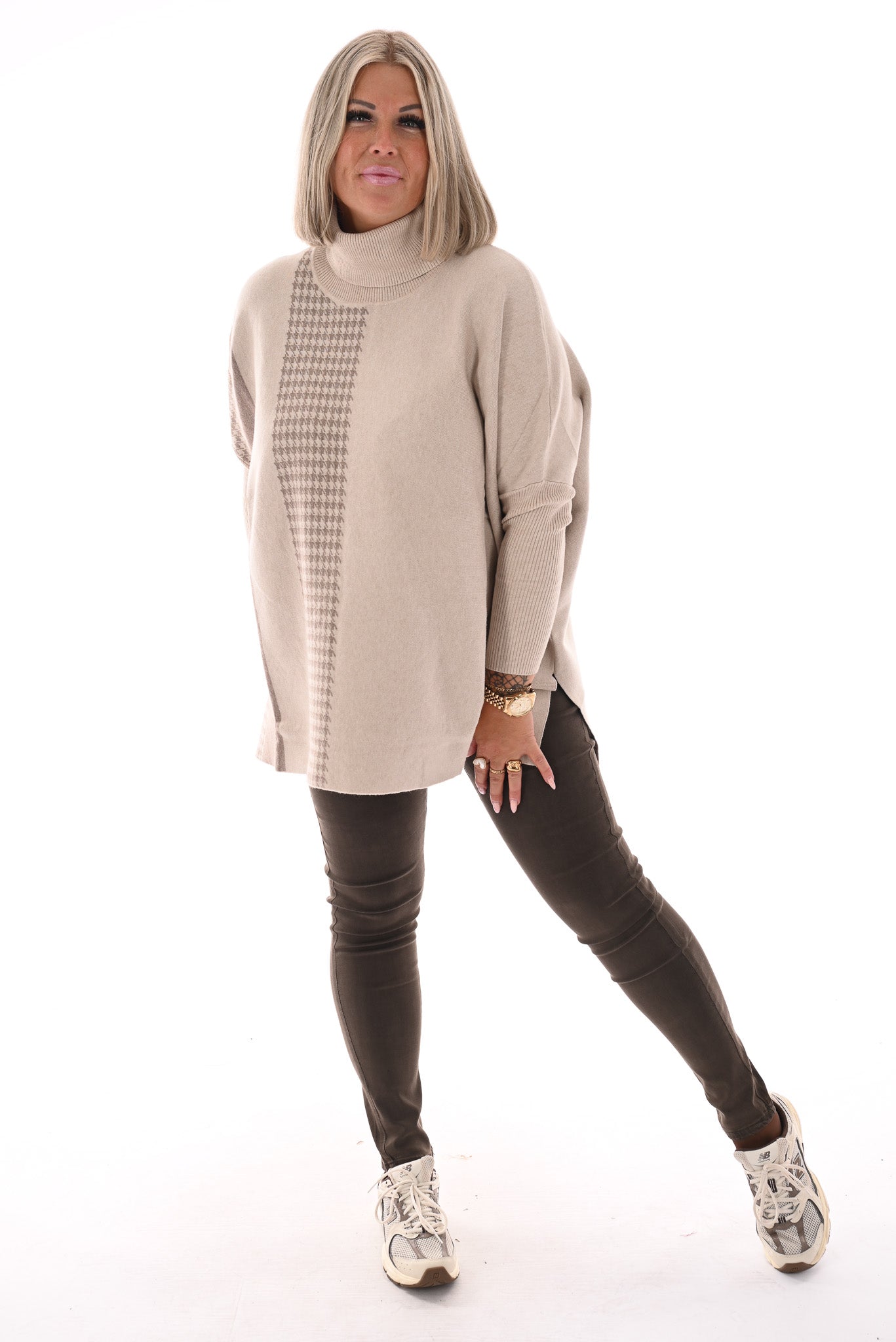 Trui print half pied-de-poule beige/taupe