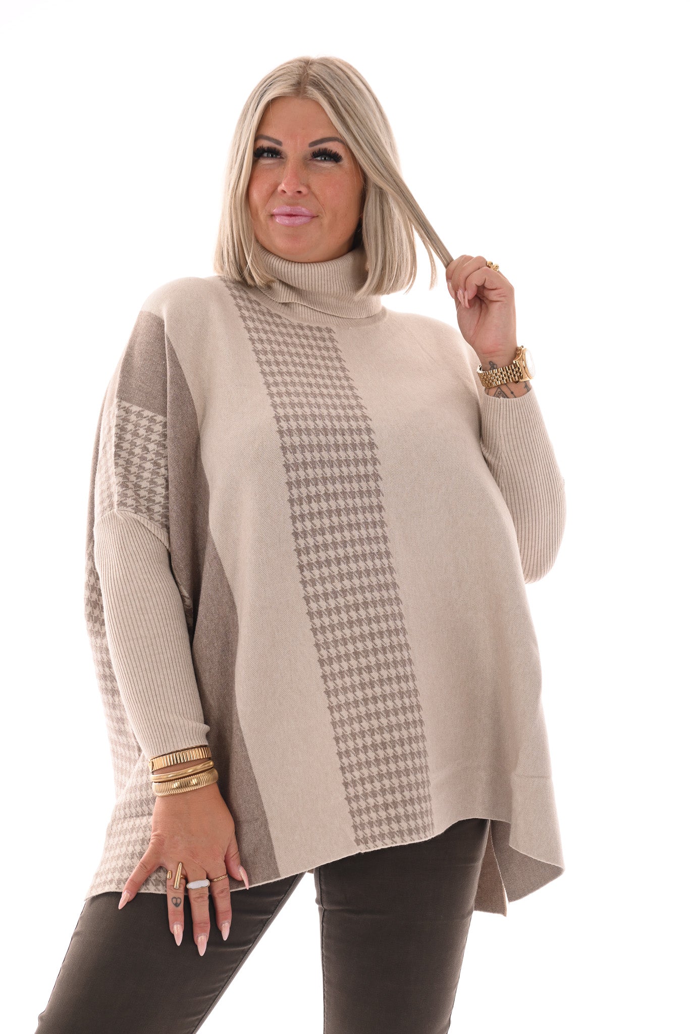Trui print half pied-de-poule beige/taupe