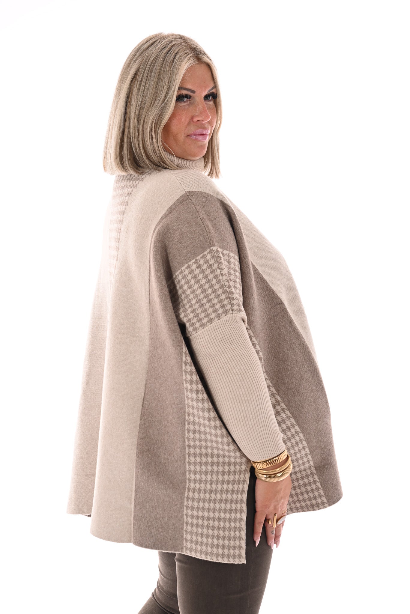 Trui print half pied-de-poule beige/taupe