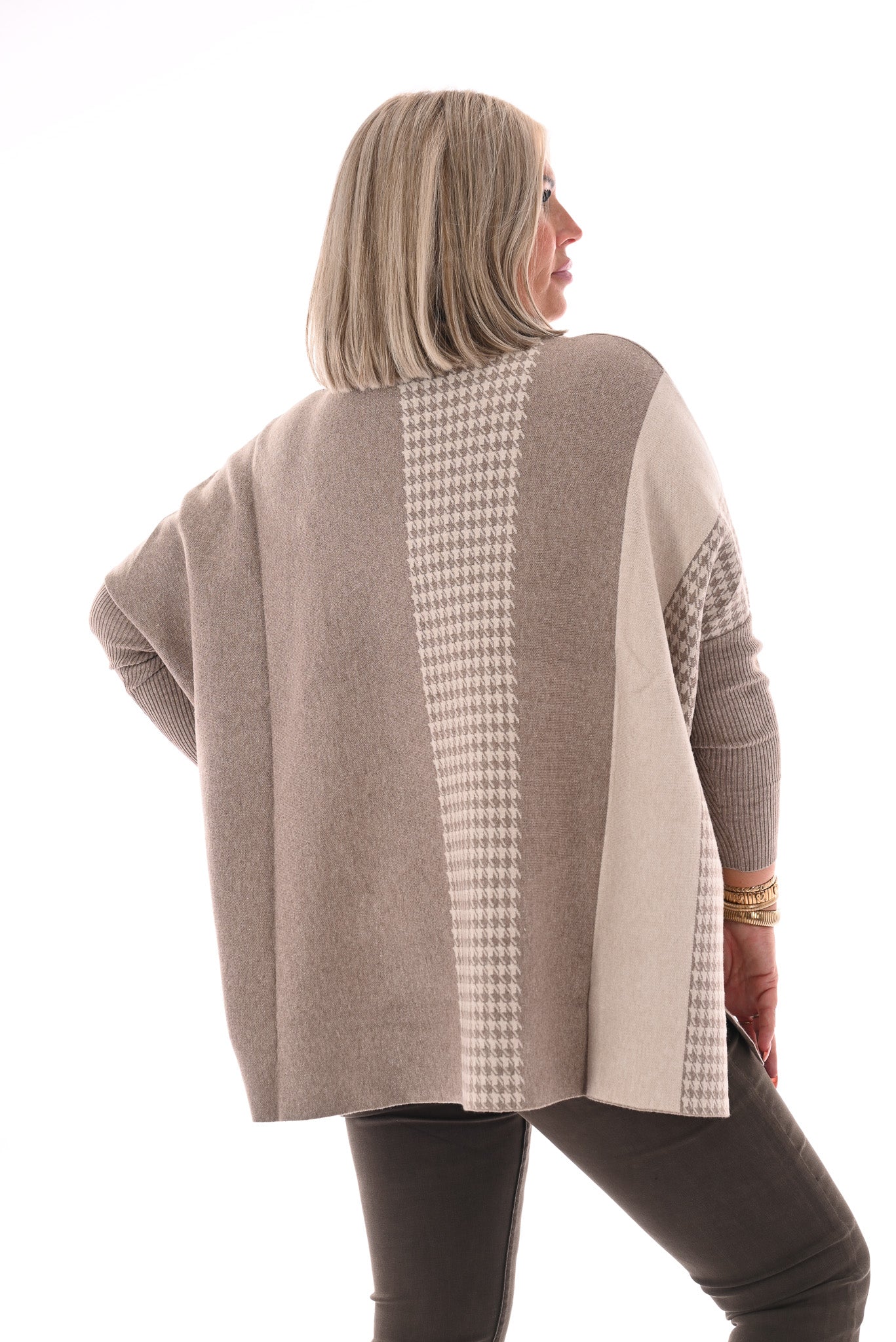 Trui print half pied-de-poule bruin/roomwit