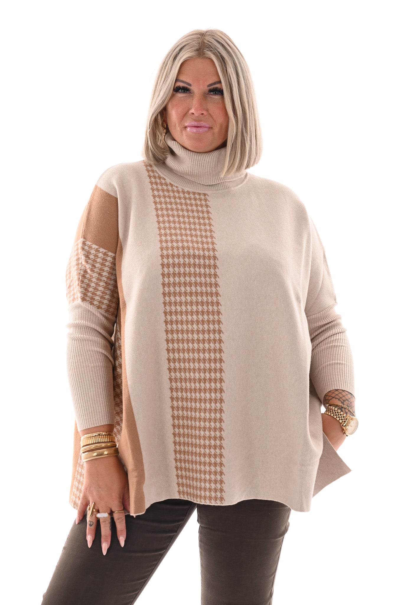 Trui print half pied-de-poule beige/camel