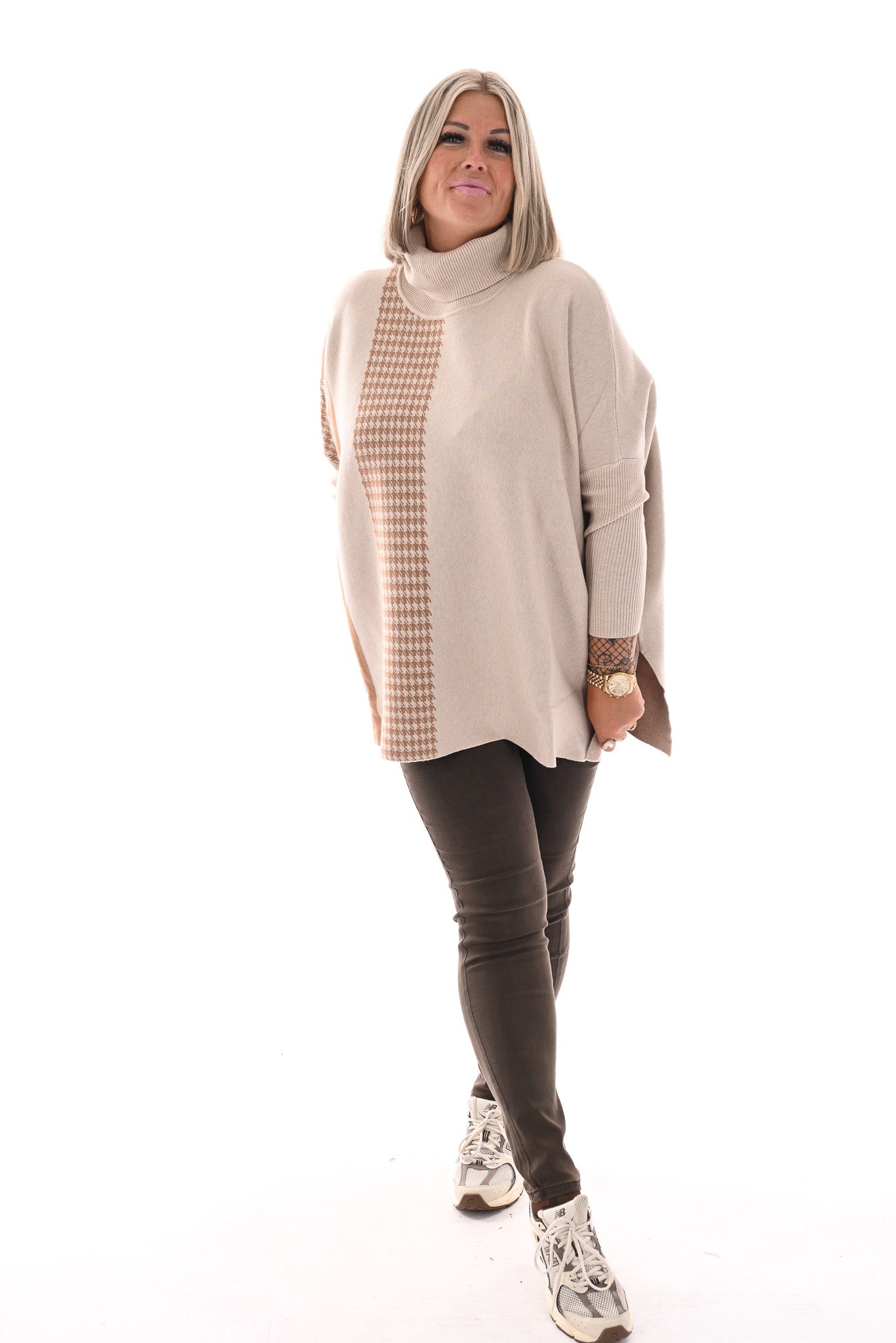Trui print half pied-de-poule beige/camel