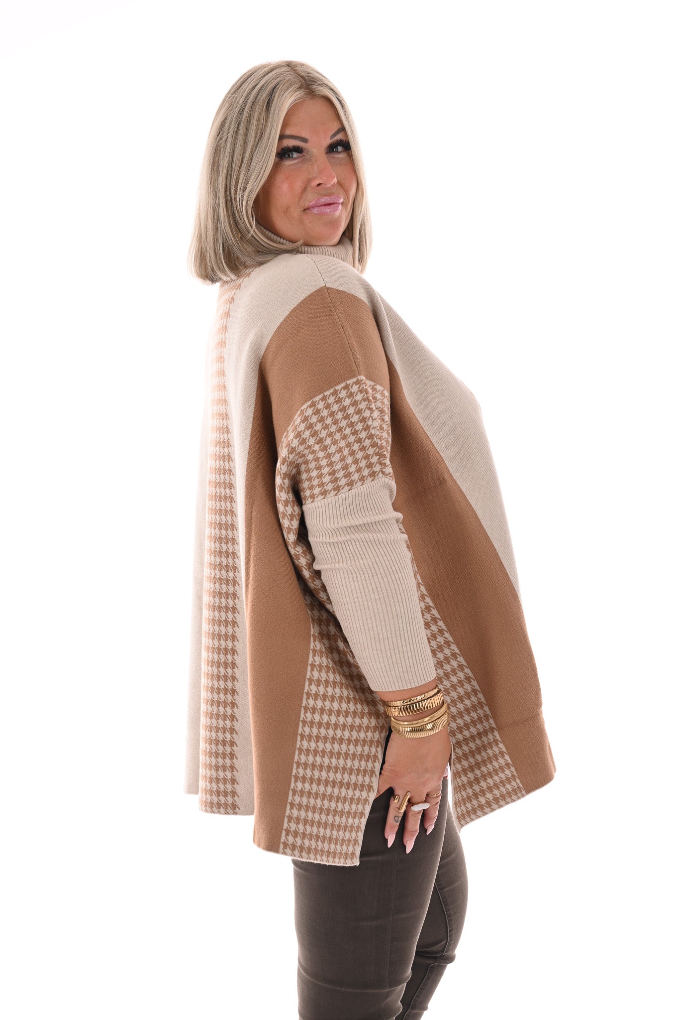 Trui print half pied-de-poule beige/camel