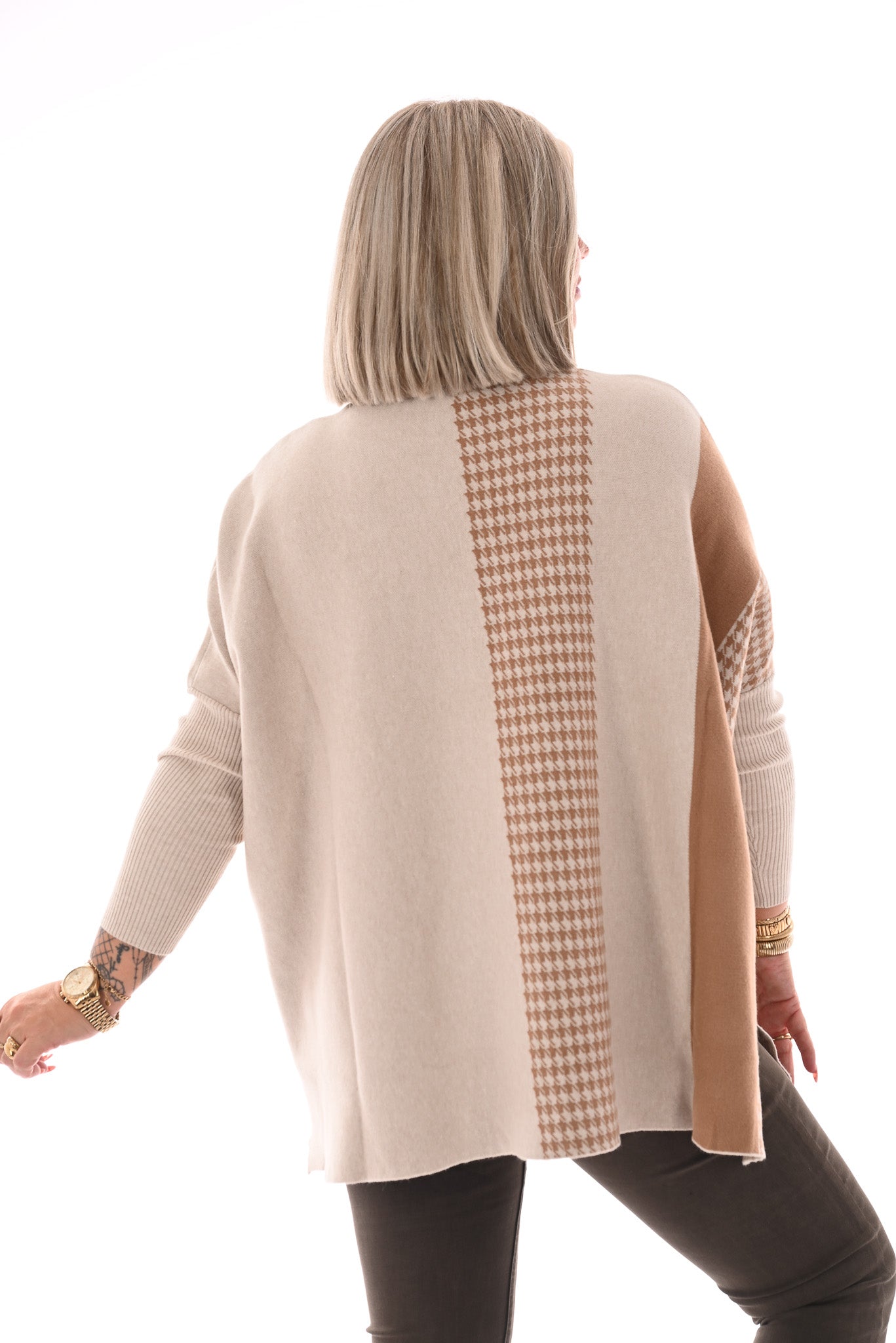 Trui print half pied-de-poule beige/camel