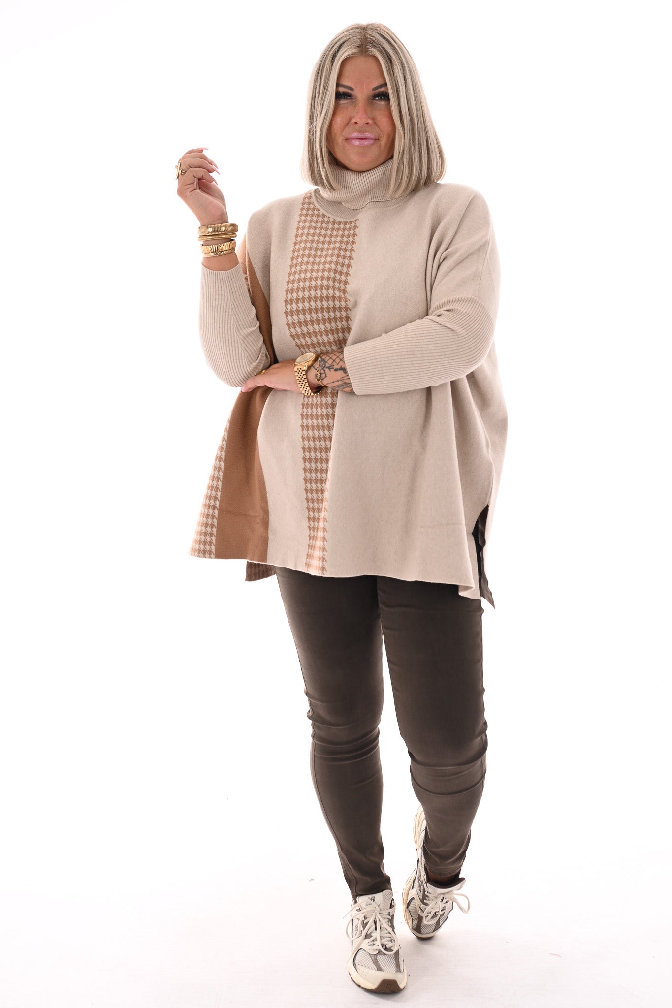 Trui print half pied-de-poule beige/camel