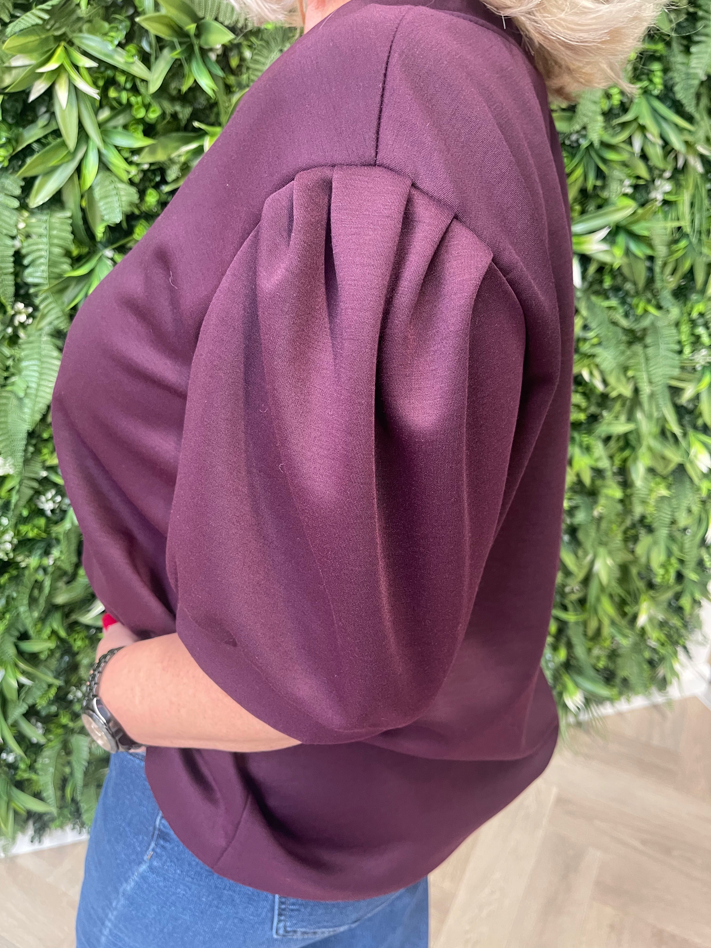 Sweater v-hals korte pofmouwen aubergine