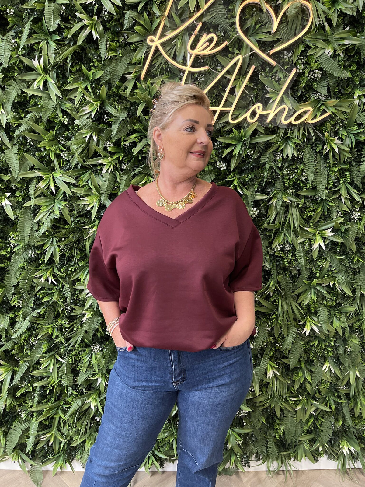 Sweater korte mouwen v-hals bordeaux