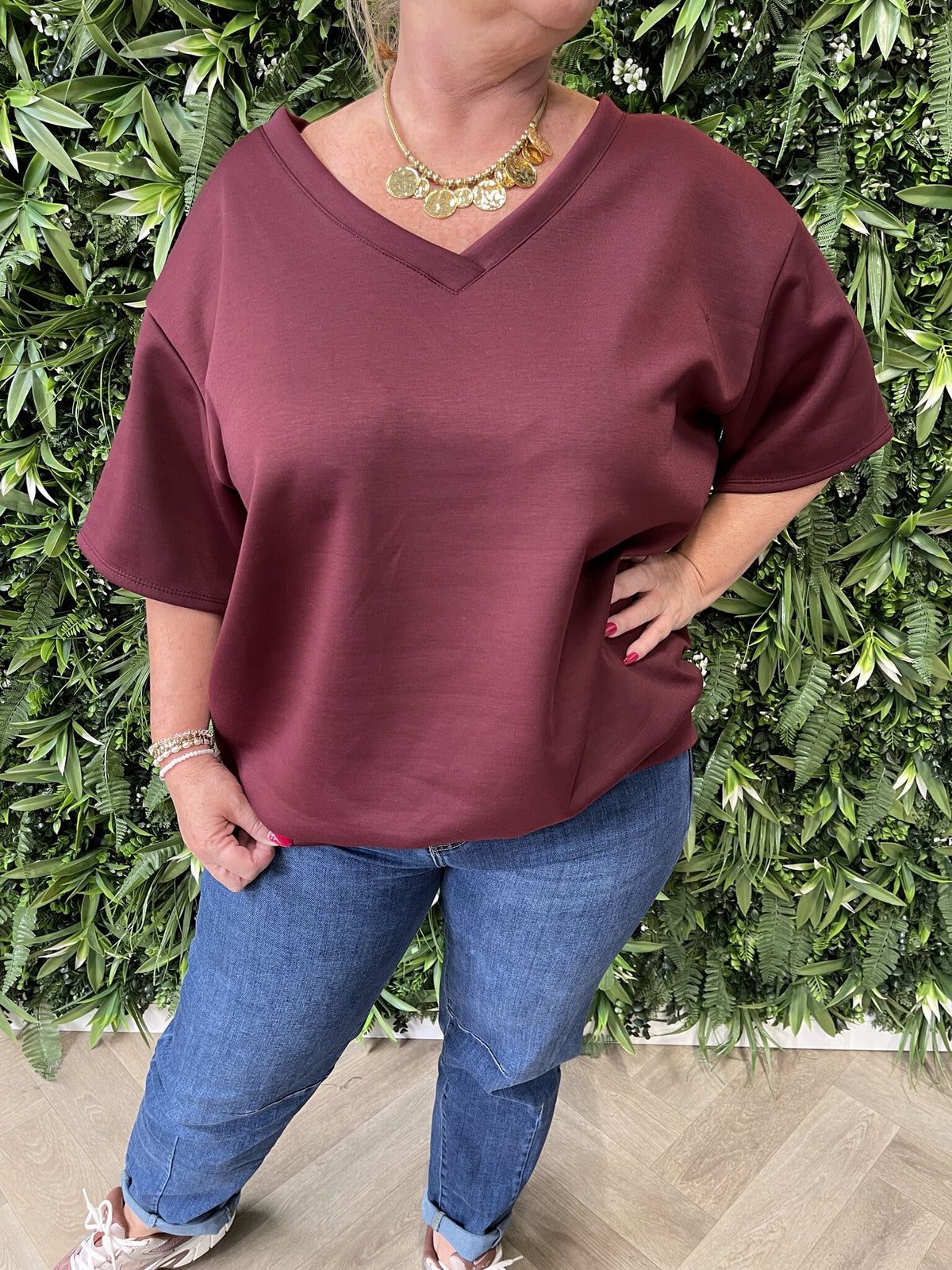 Sweater korte mouwen v-hals bordeaux