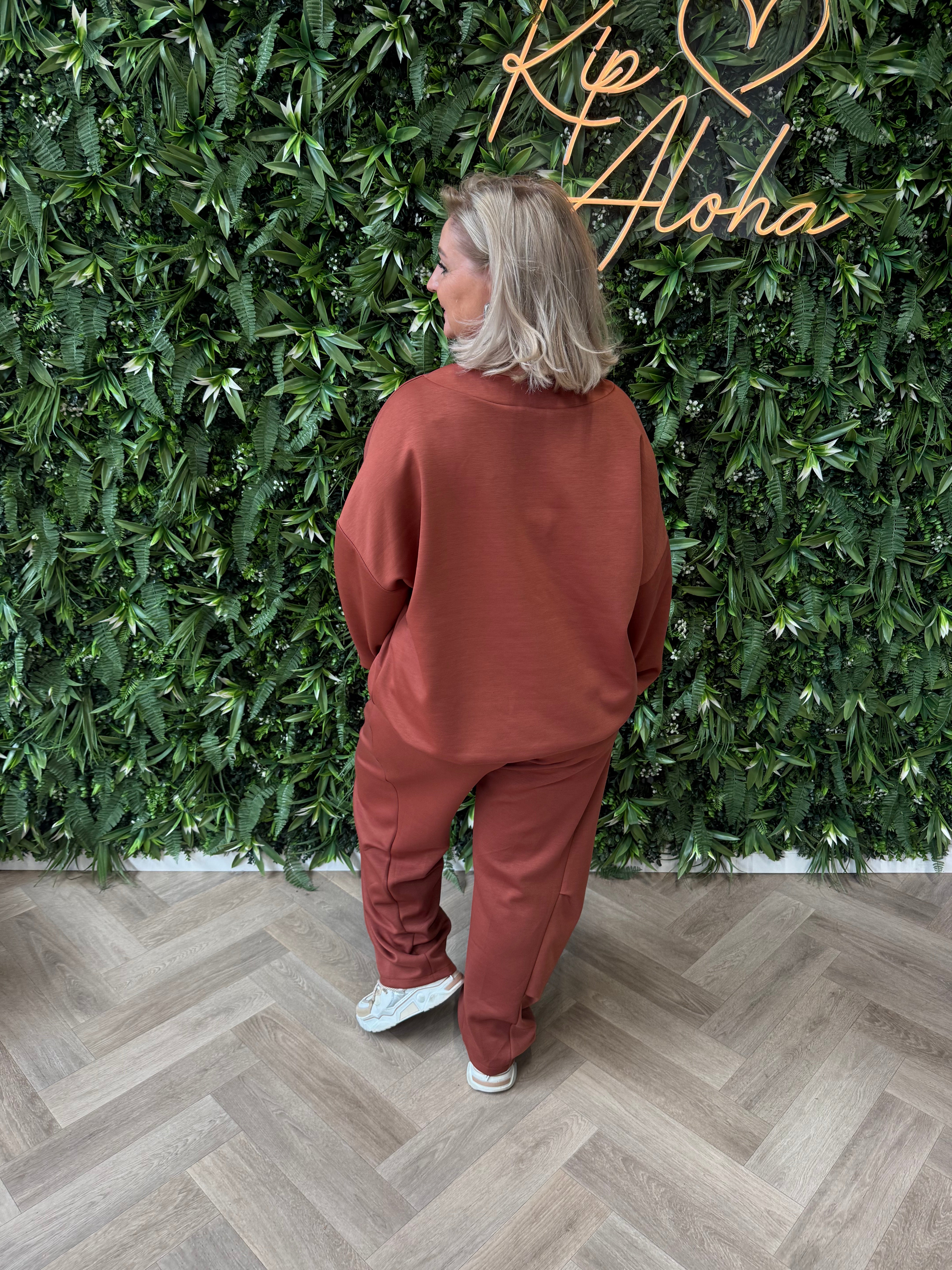 Joggingspak met brede hals uni terracotta