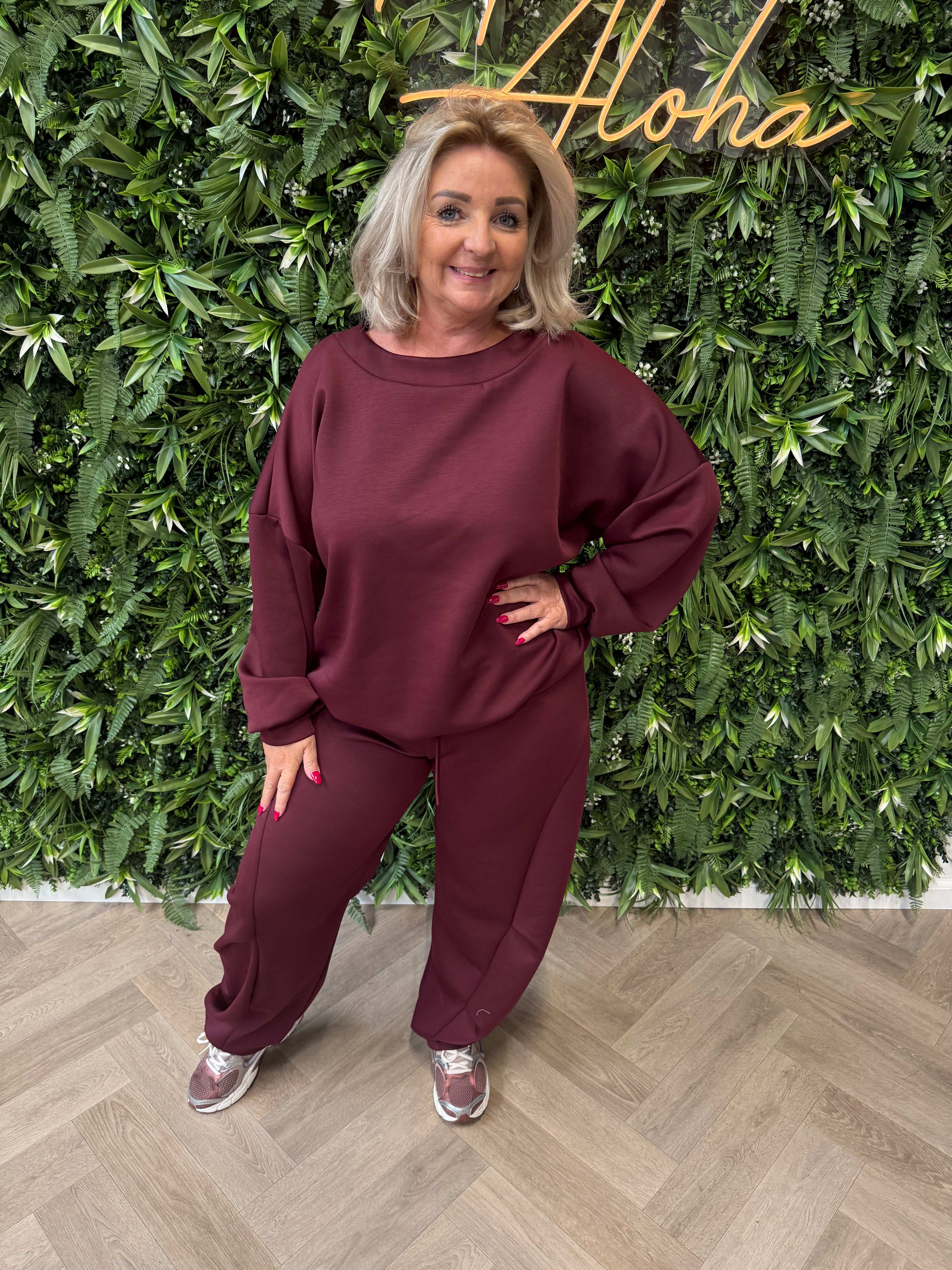Joggingspak met brede hals uni bordeaux