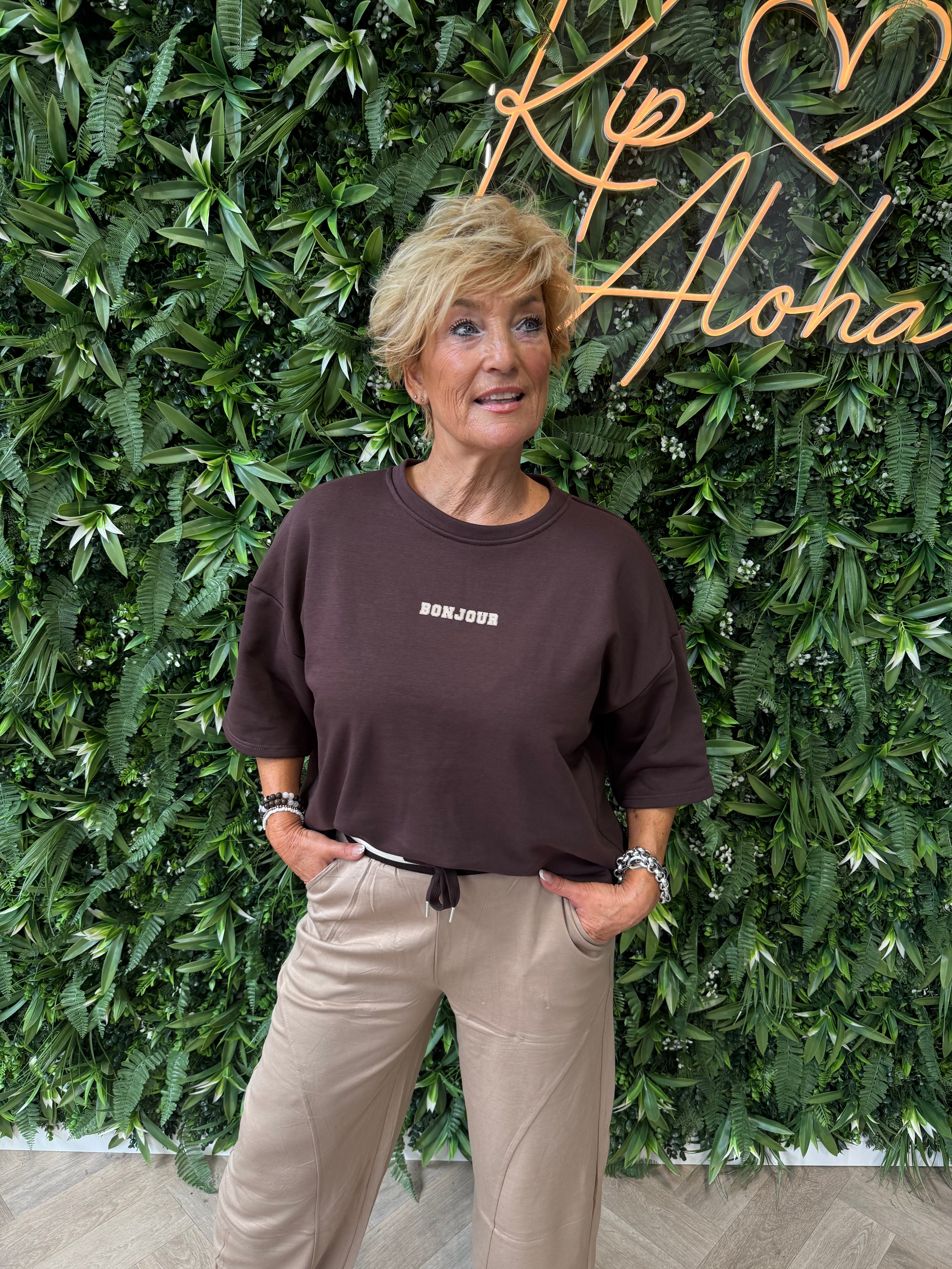 Sweater korte mouwen bonjour donkerbruin