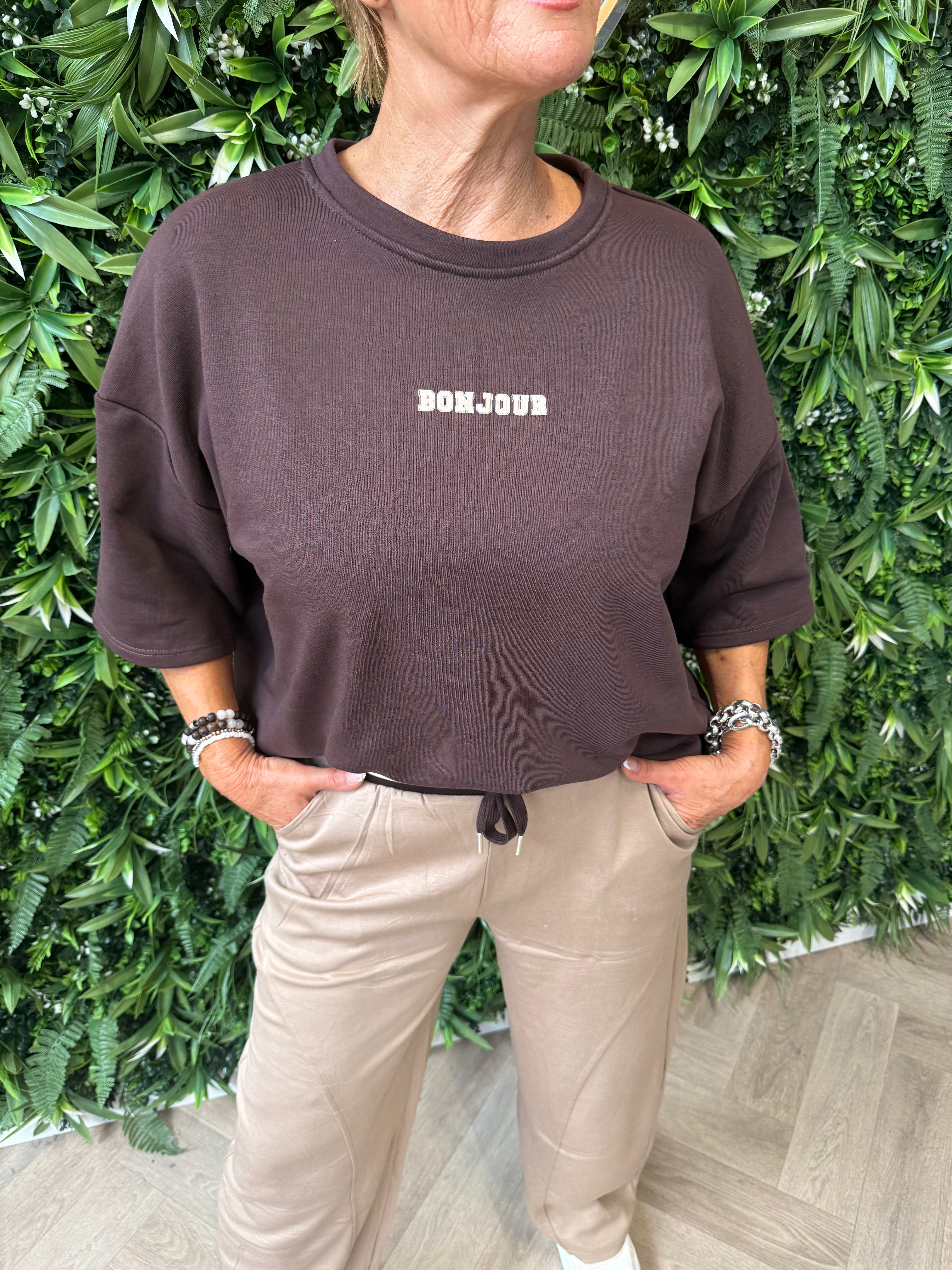 Sweater korte mouwen bonjour donkerbruin
