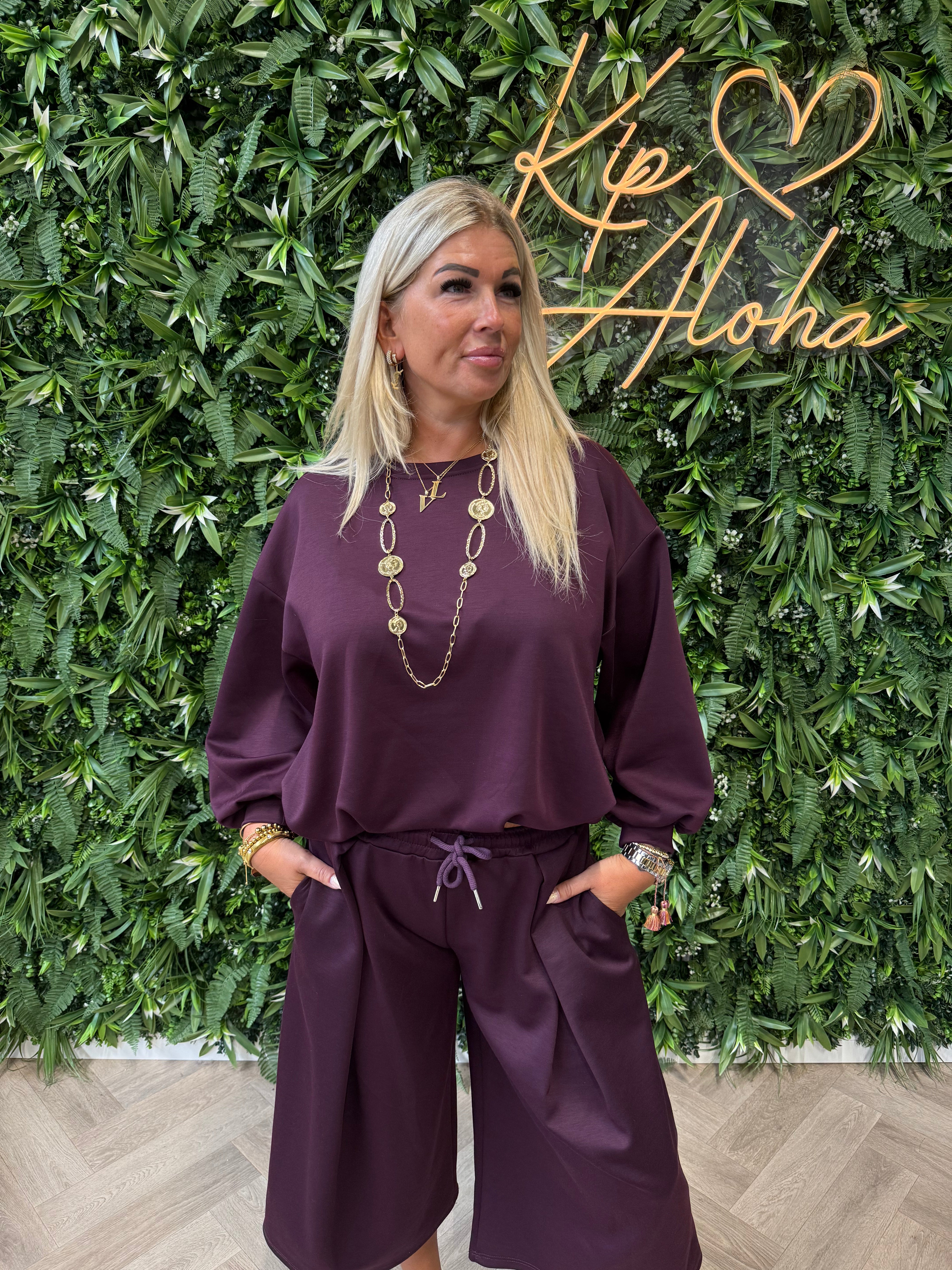 Sweater elastische onderkant uni aubergine