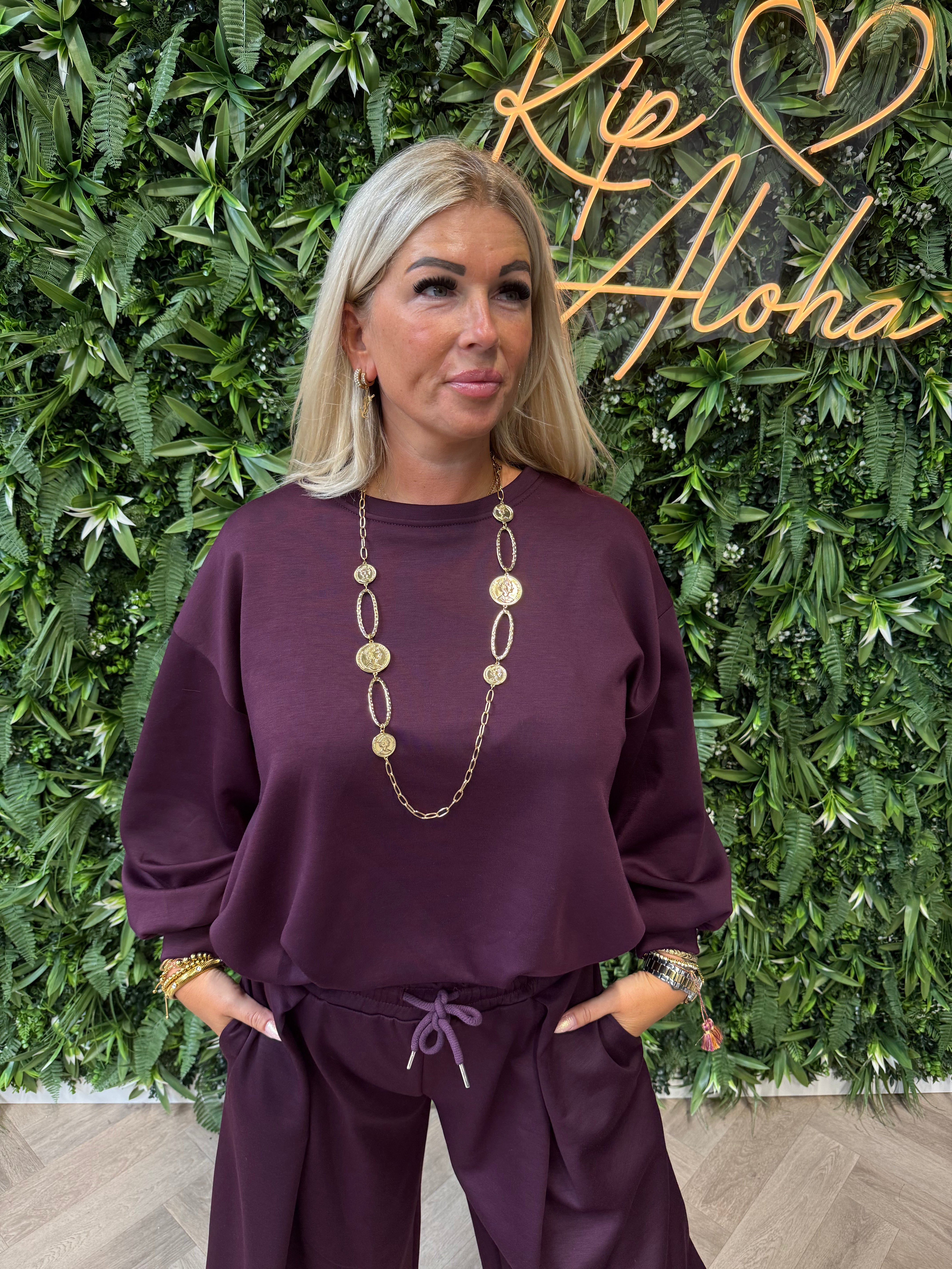 Sweater elastische onderkant uni aubergine