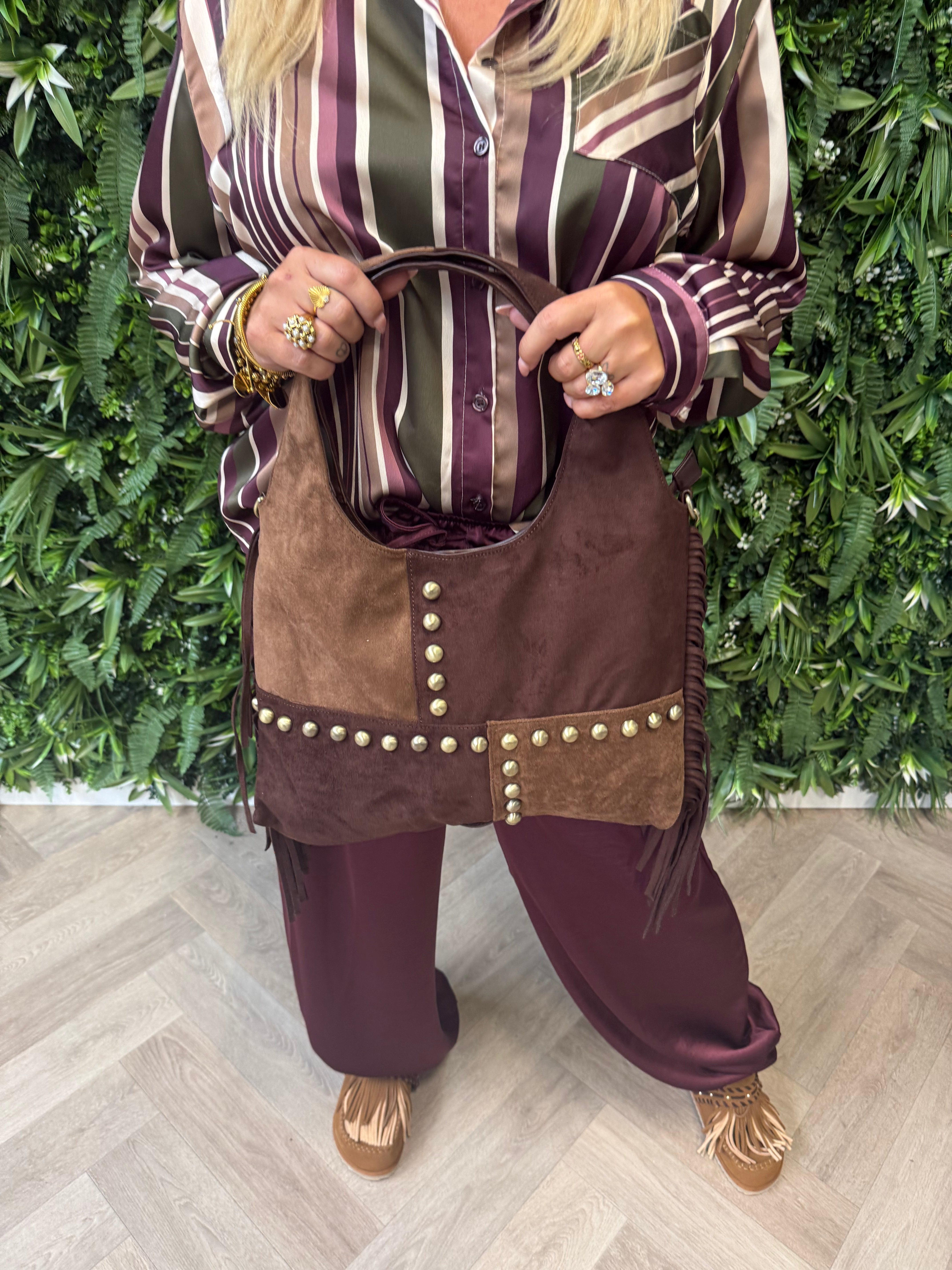 Tas suedelook met kleurvakken bruin