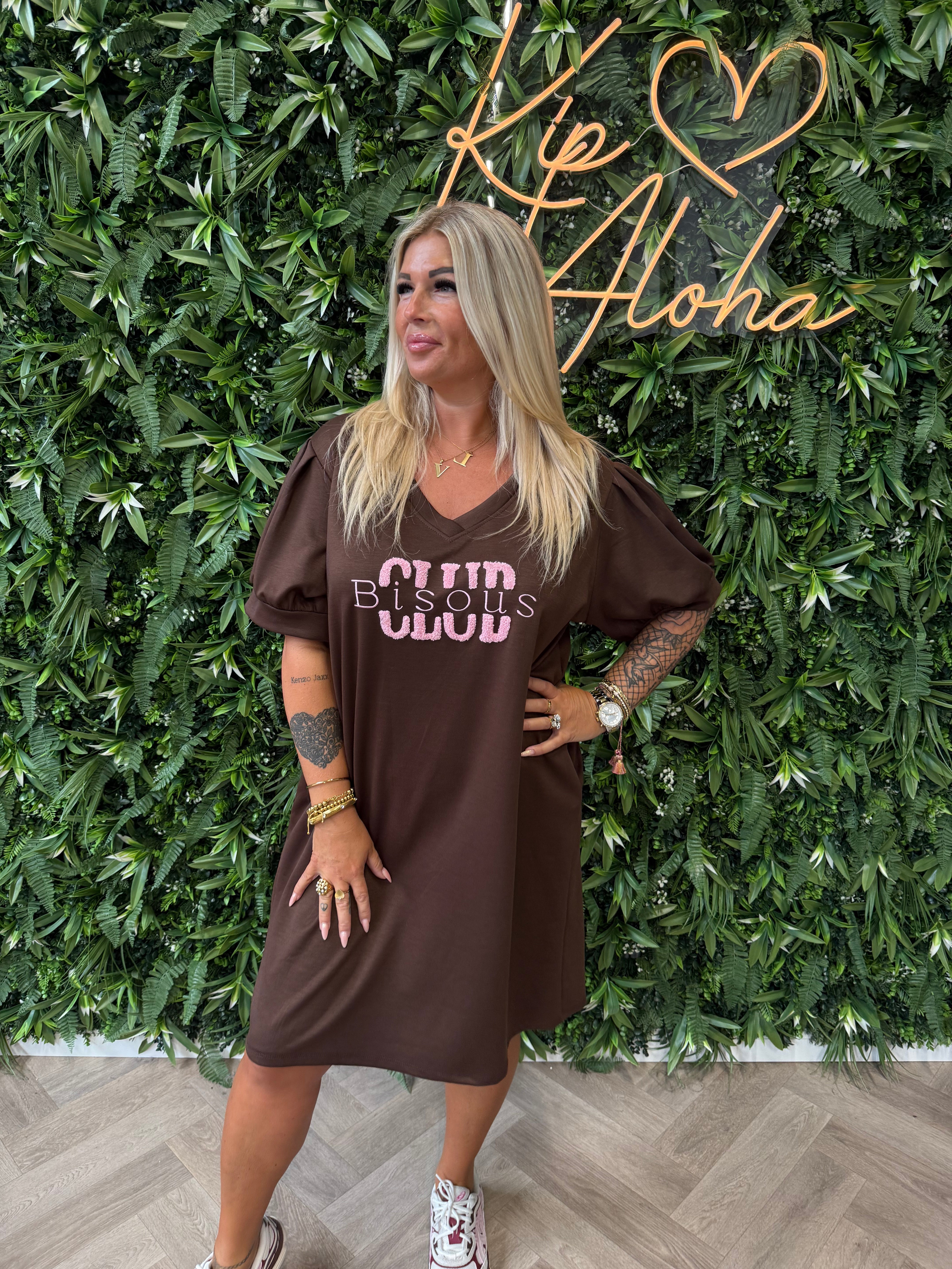 T-shirt dress pofmouwen bisous donkerbruin