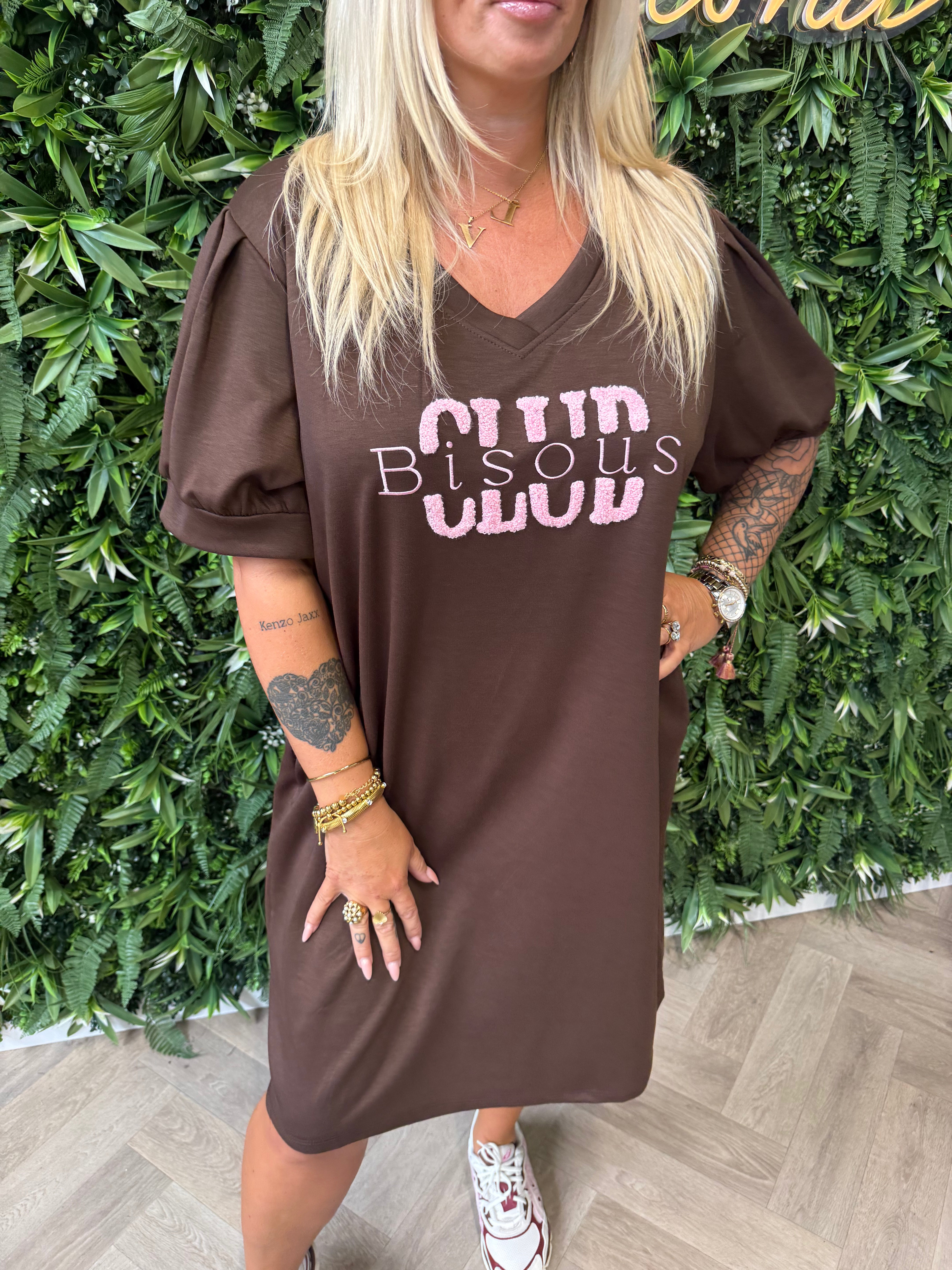 T-shirt dress pofmouwen bisous donkerbruin