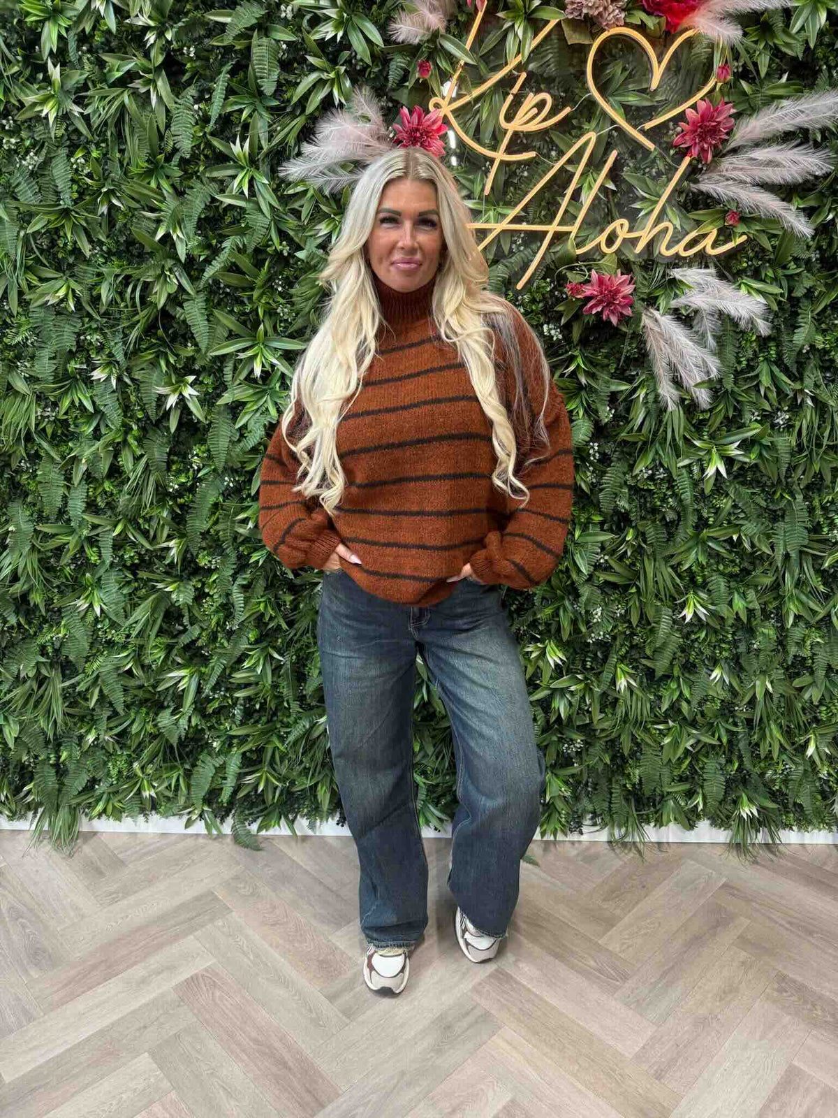 Gebreide trui turtle neck streepjes roest