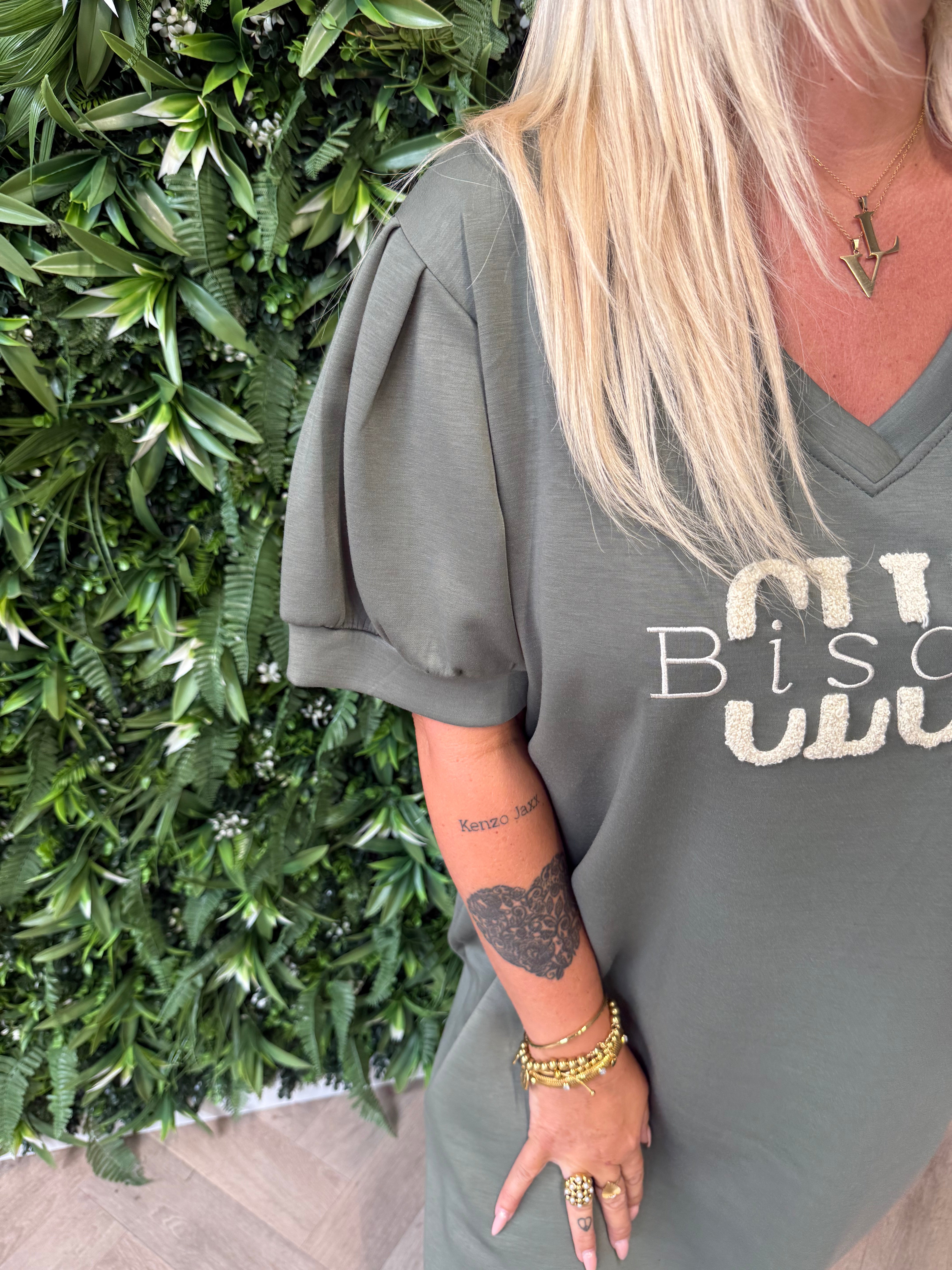 T-shirt dress pofmouwen bisous legergroen