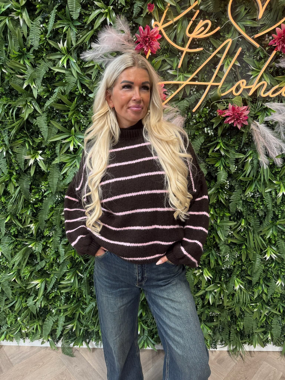 Gebreide trui turtle neck streepjes donkerbruin