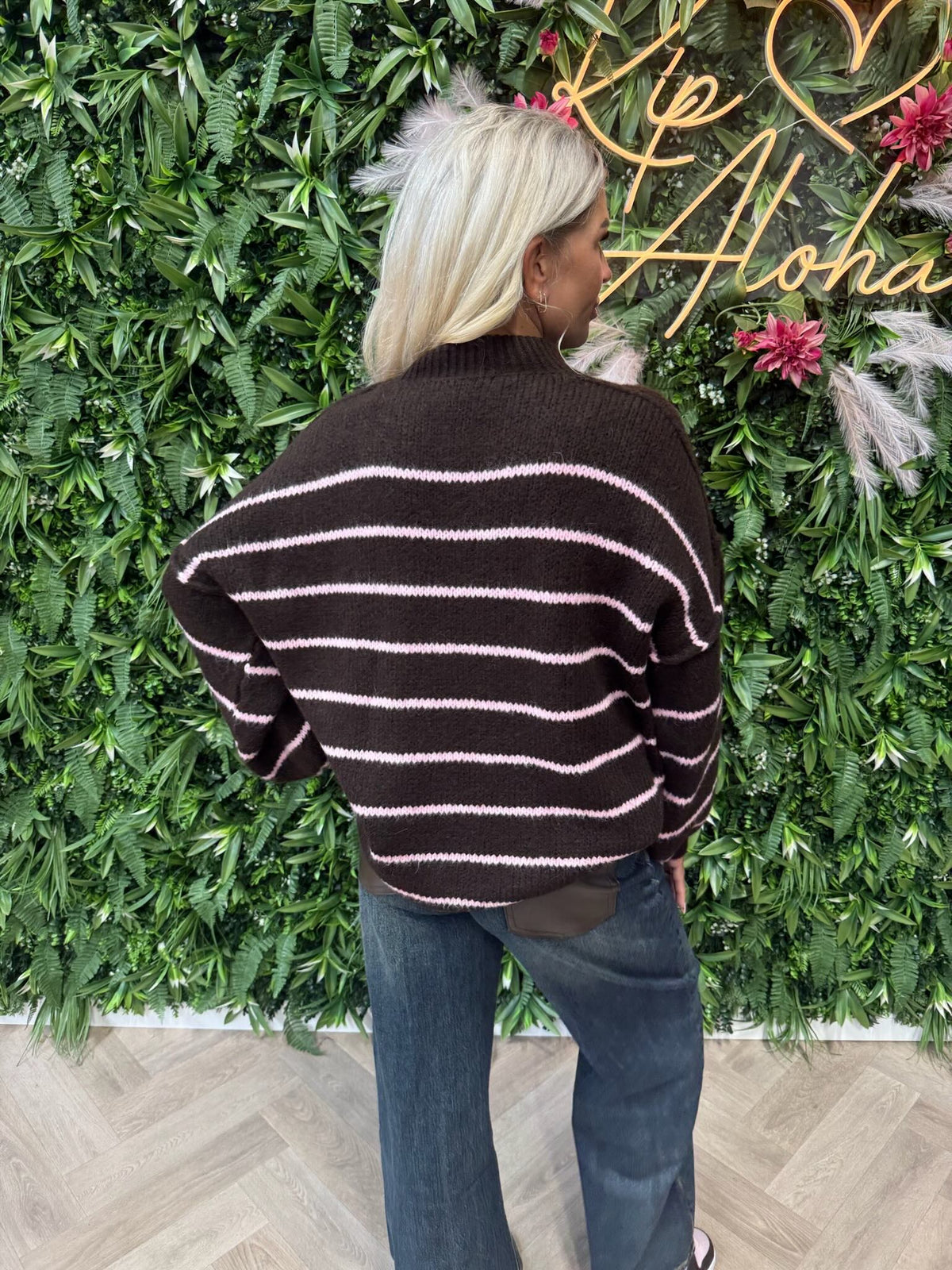 Gebreide trui turtle neck streepjes donkerbruin