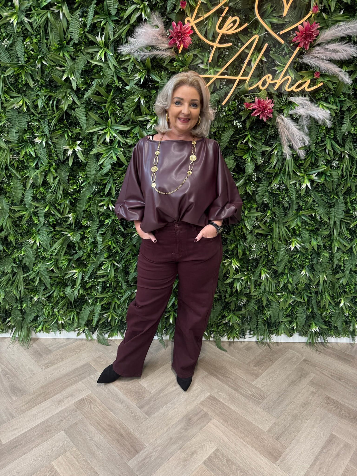Leatherlook vleermuis top aubergine