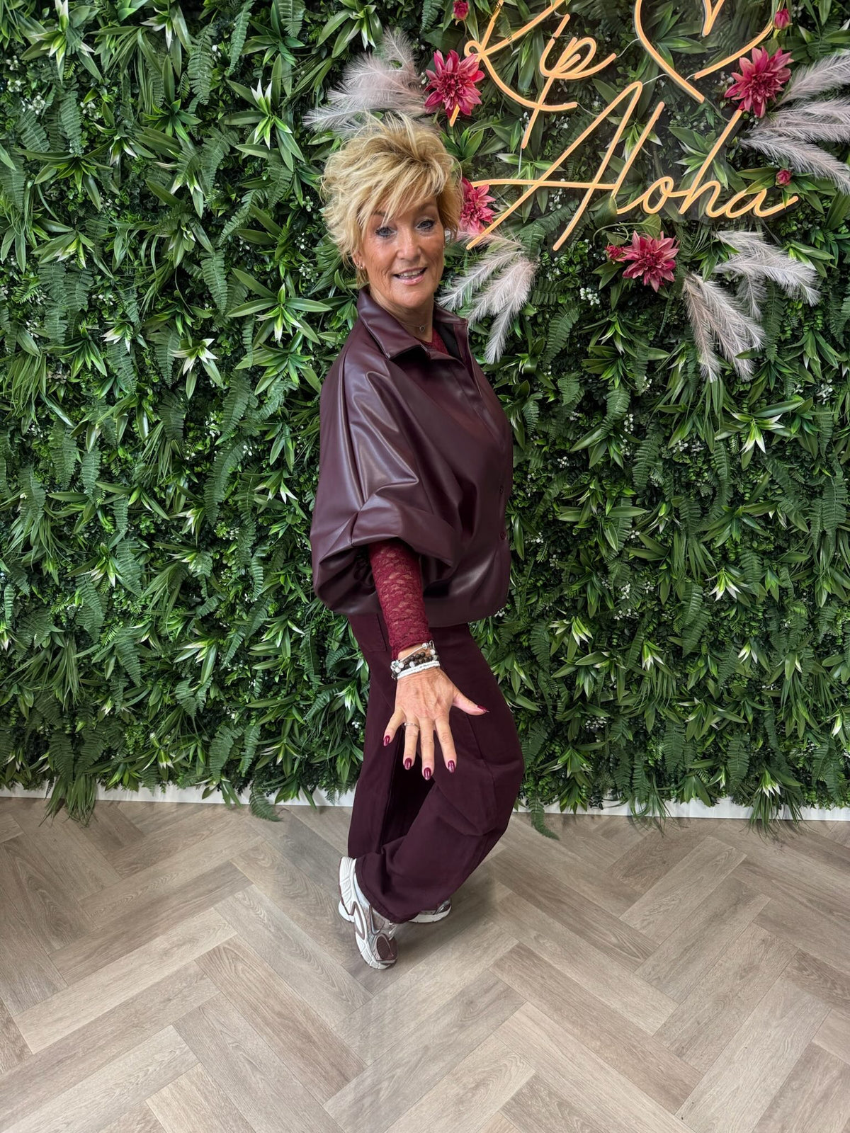 Leatherlook blouse pofmouwen aubergine